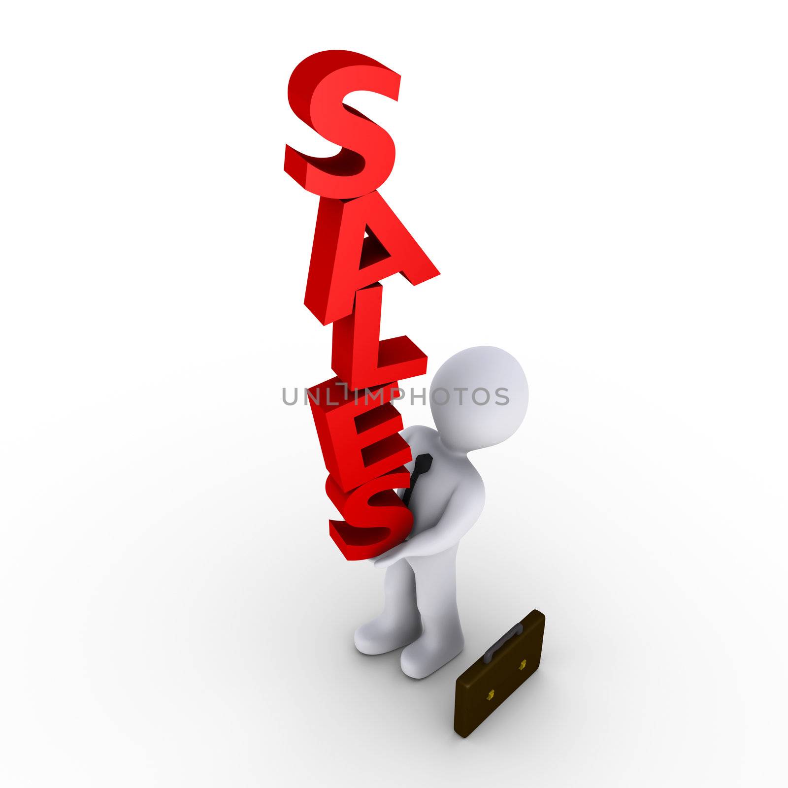 3d businessman trying to balance red SALES letters