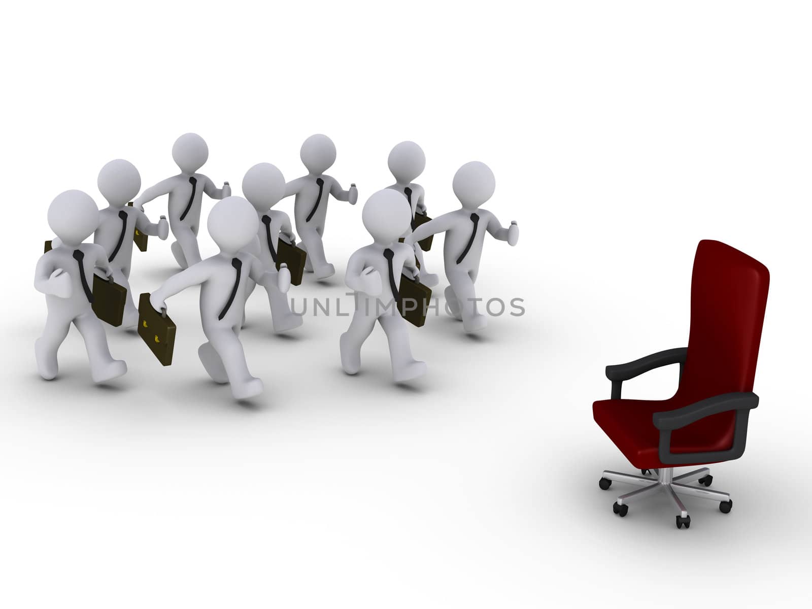 Several 3d businessmen run towards a red chair