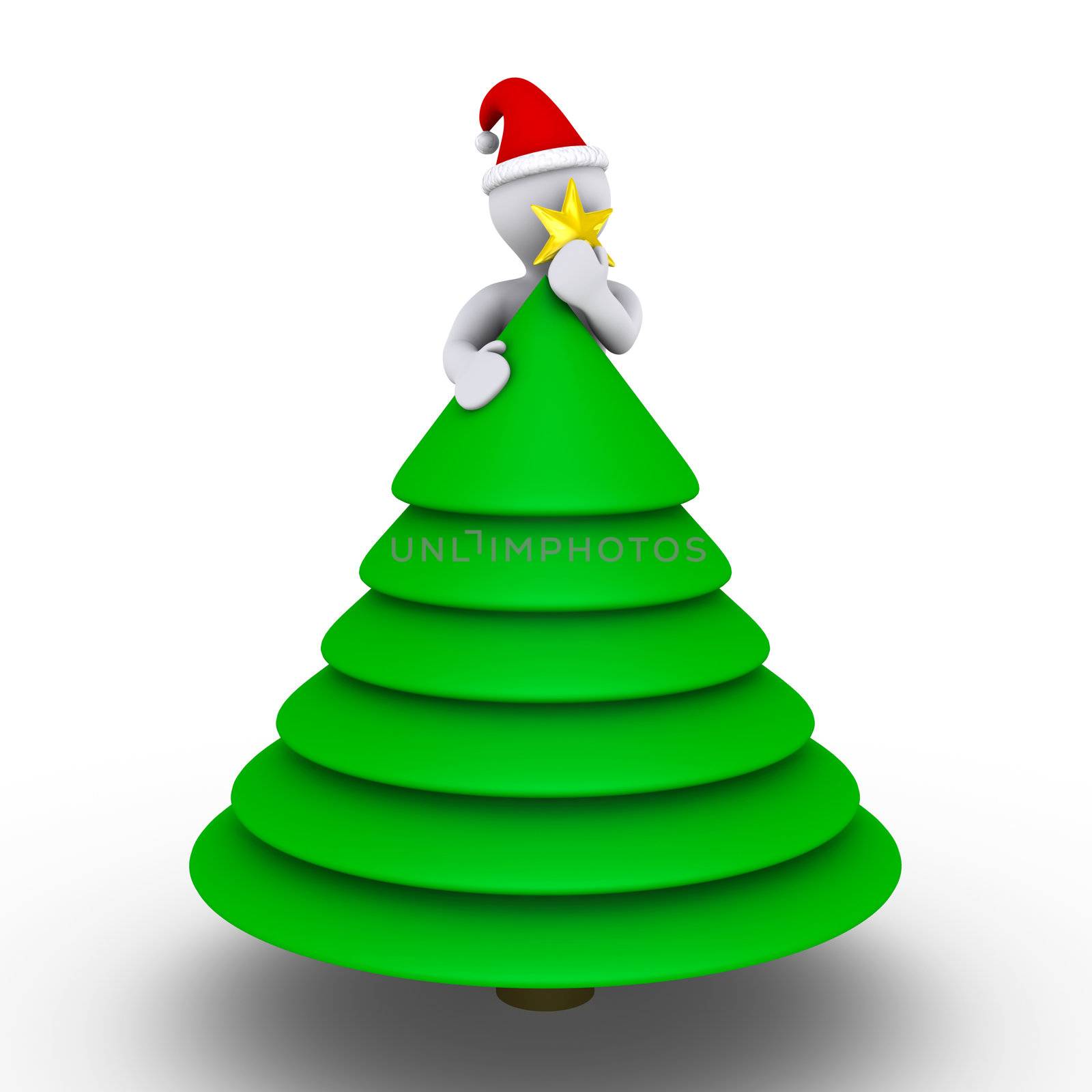 3d person with hat is placing the star on the Christmas tree