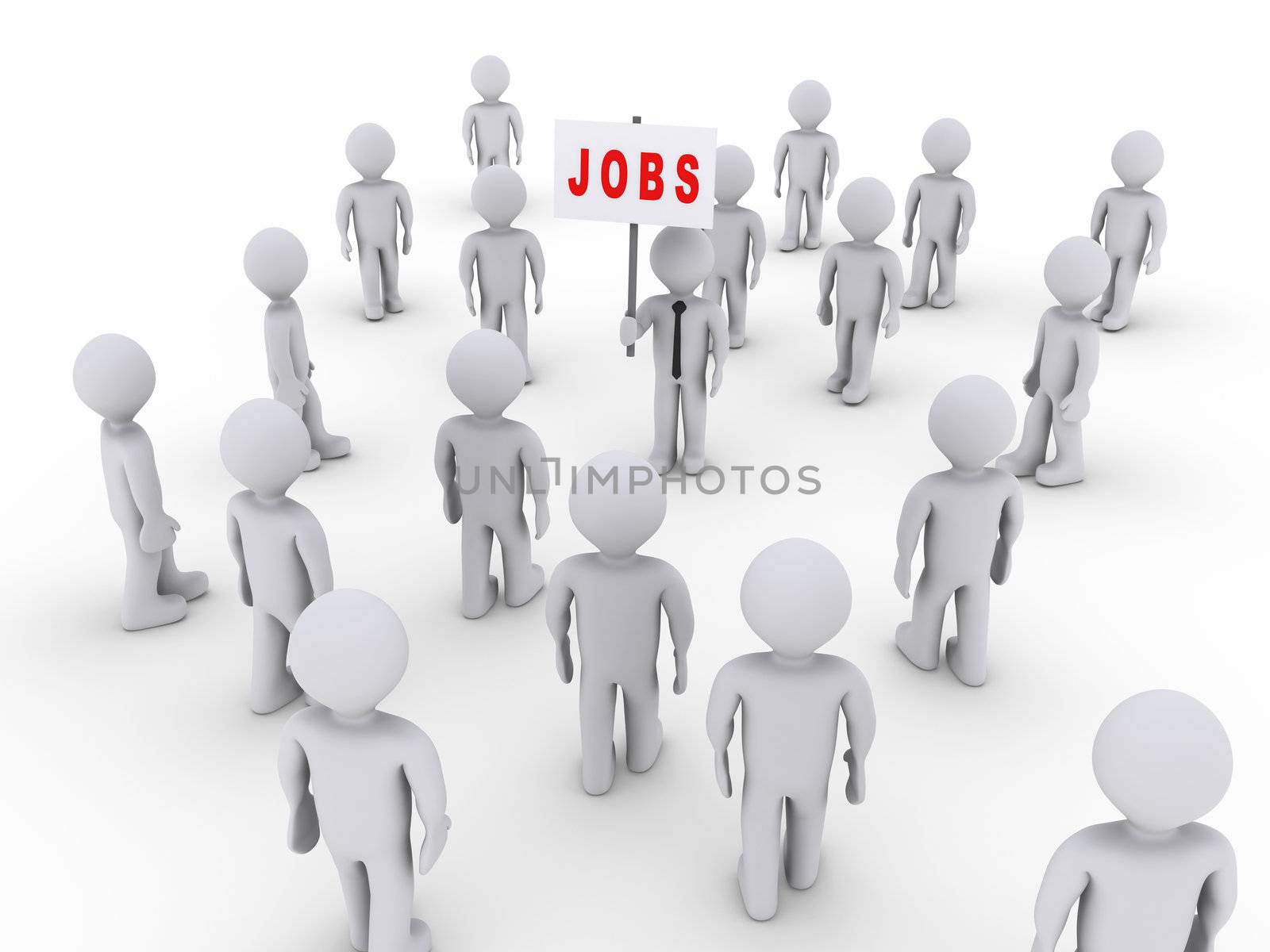 Many 3d people walking towards one holding a job sign