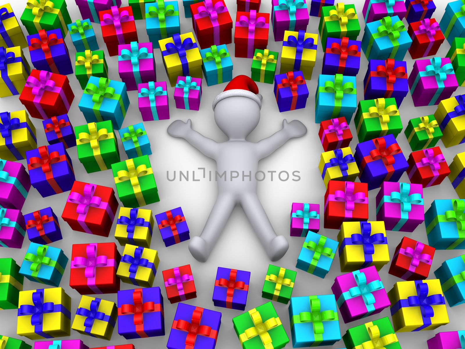 3d person lying on the ground with many presents around him