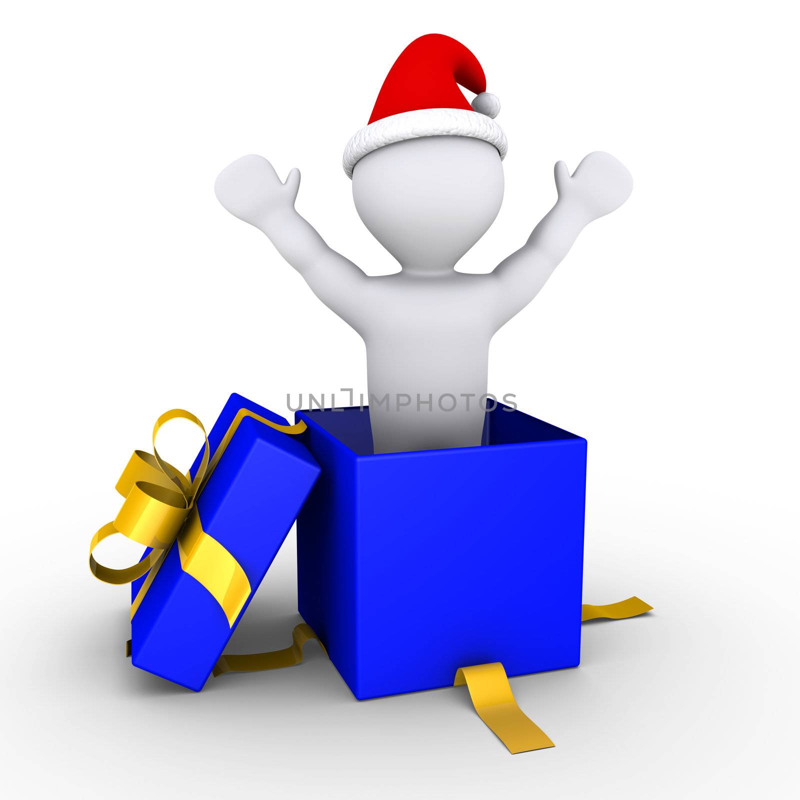 3d person inside a blue box is feeling happy for Christmas