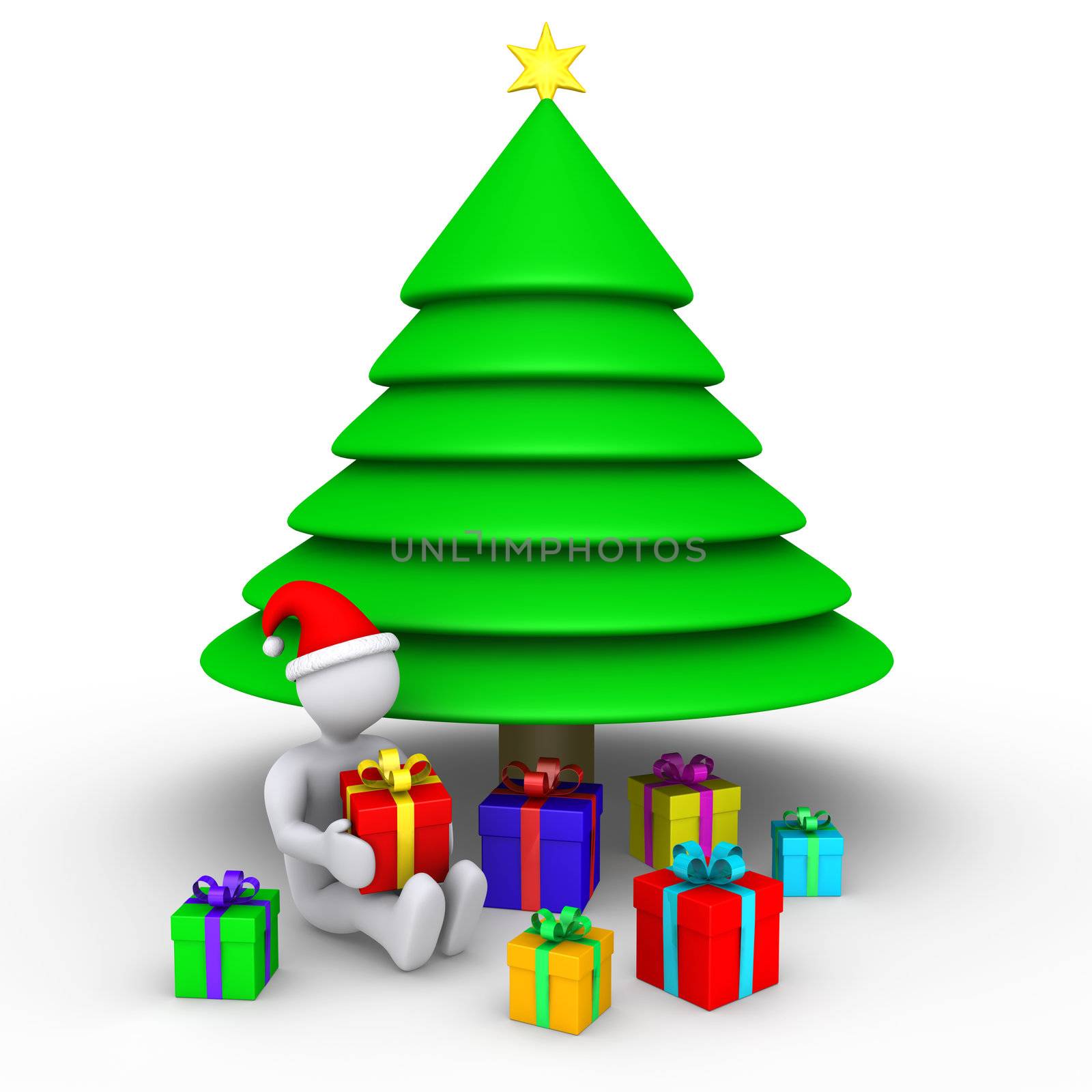 3d person sitting near a Christmas tree is about to open presents