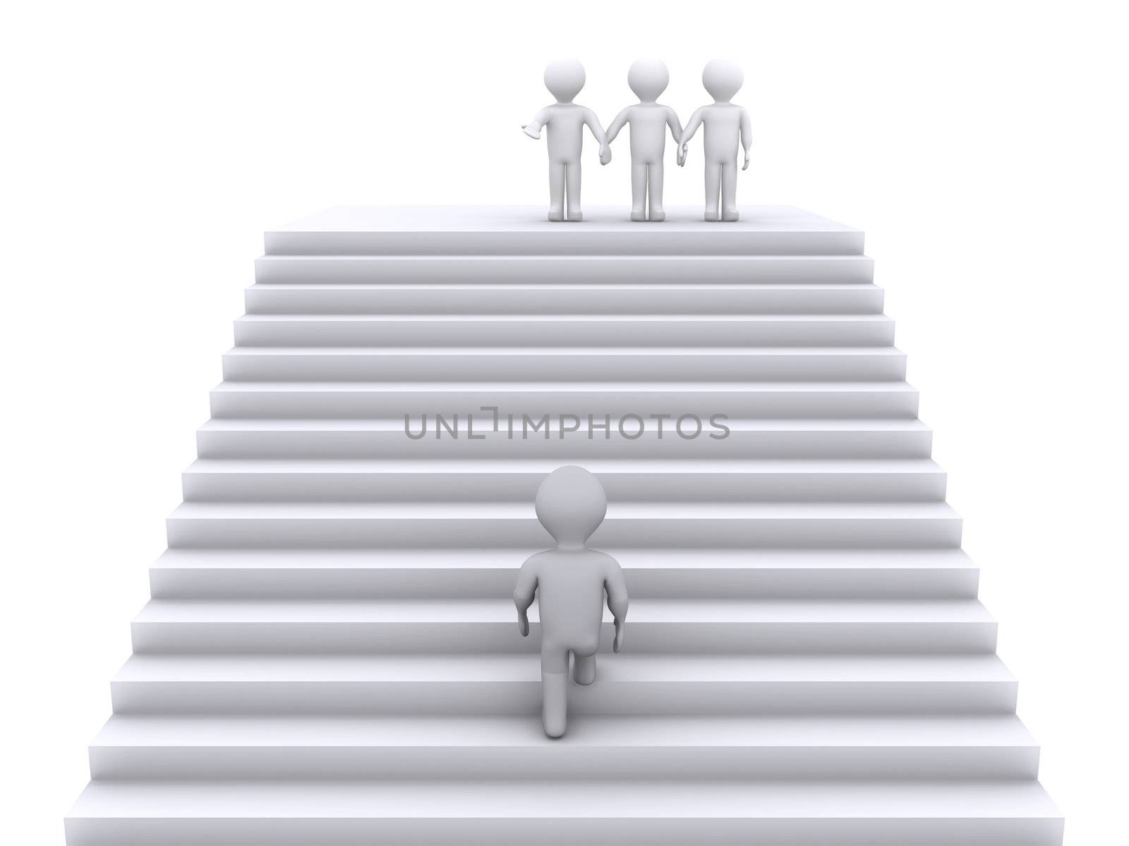 3d person climbing stairs to join three people waiting at the top