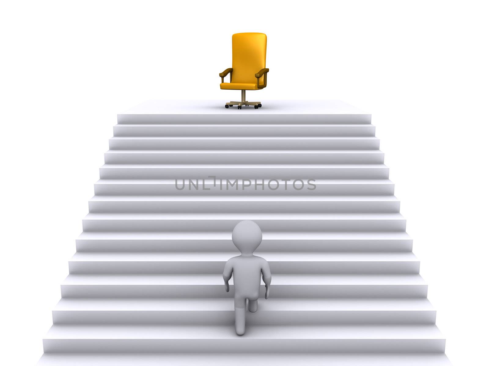 3d person climbing stairs to reach a golden chair