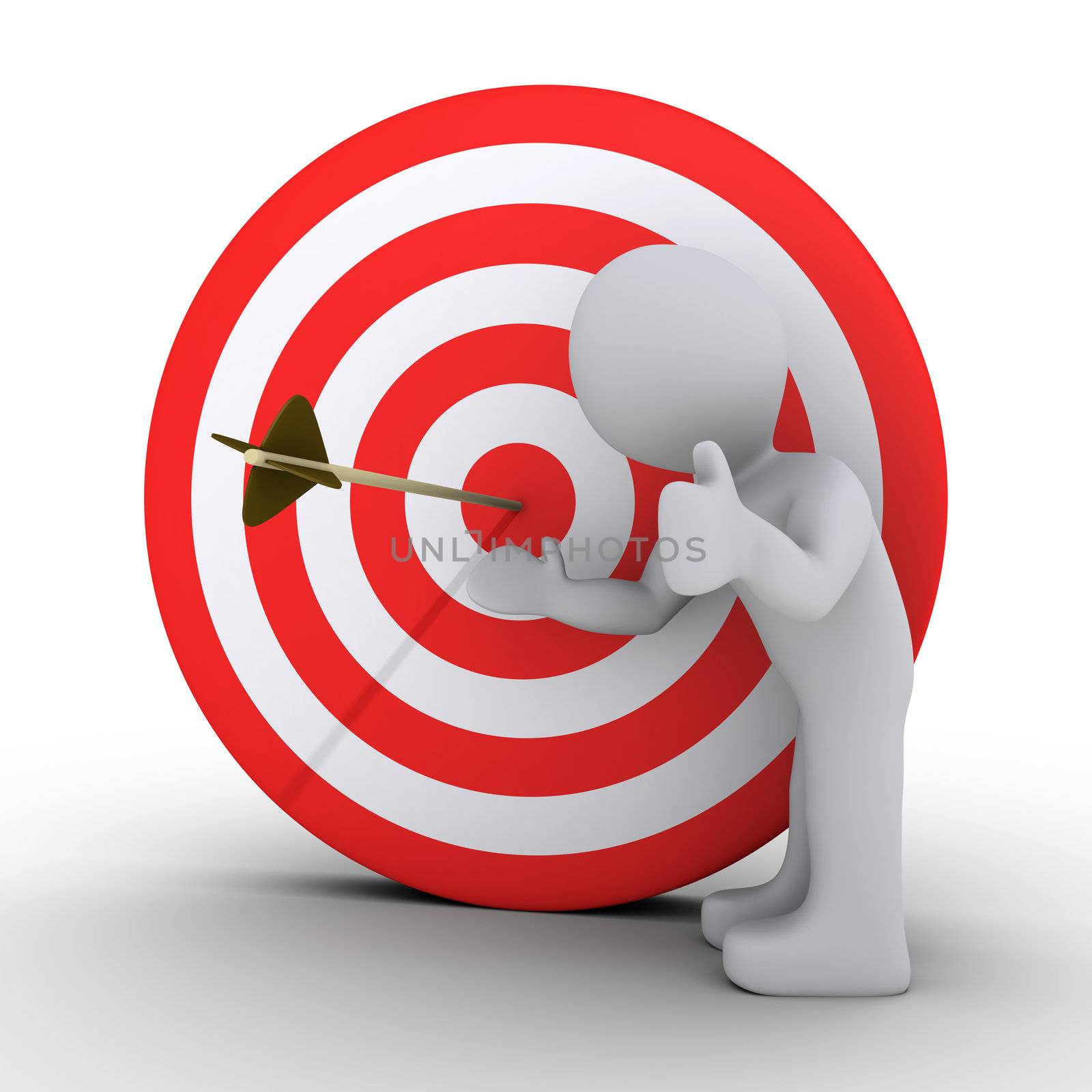 3d person satisfied is showing an arrow at the center of a red and white target