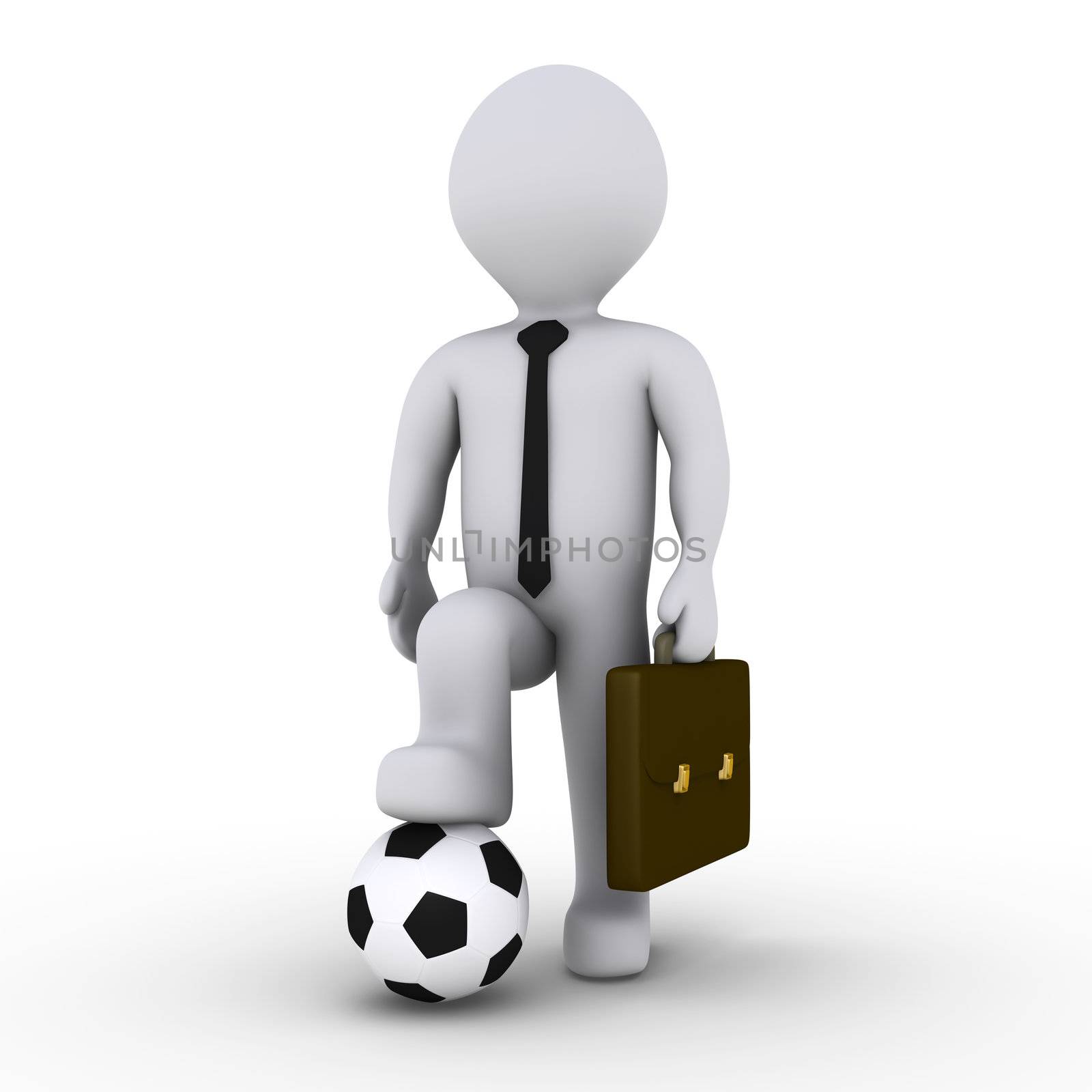 3d businessman holding with his foot a soccer ball