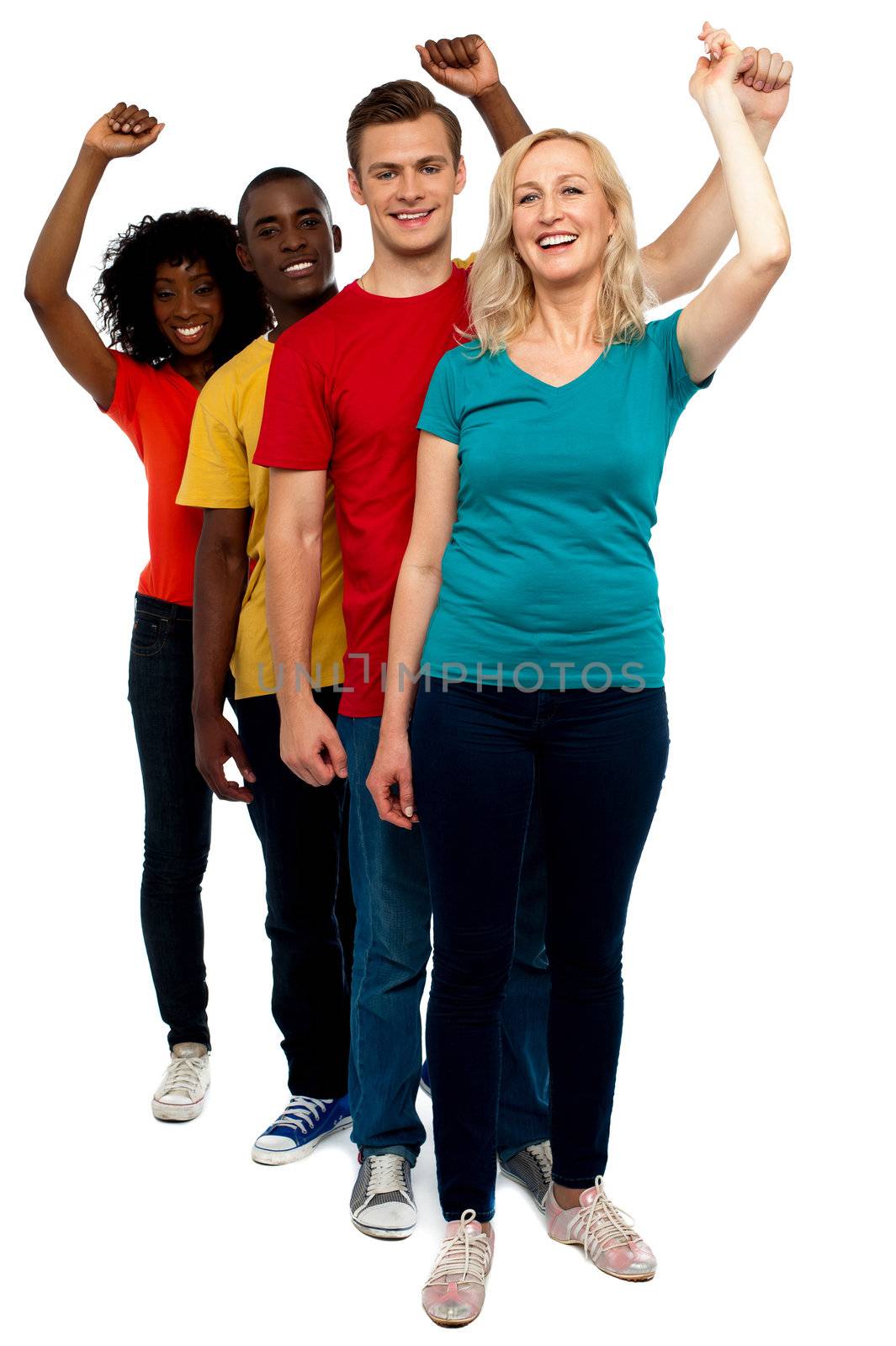 Excited group of cheerful people, full length shot over white background