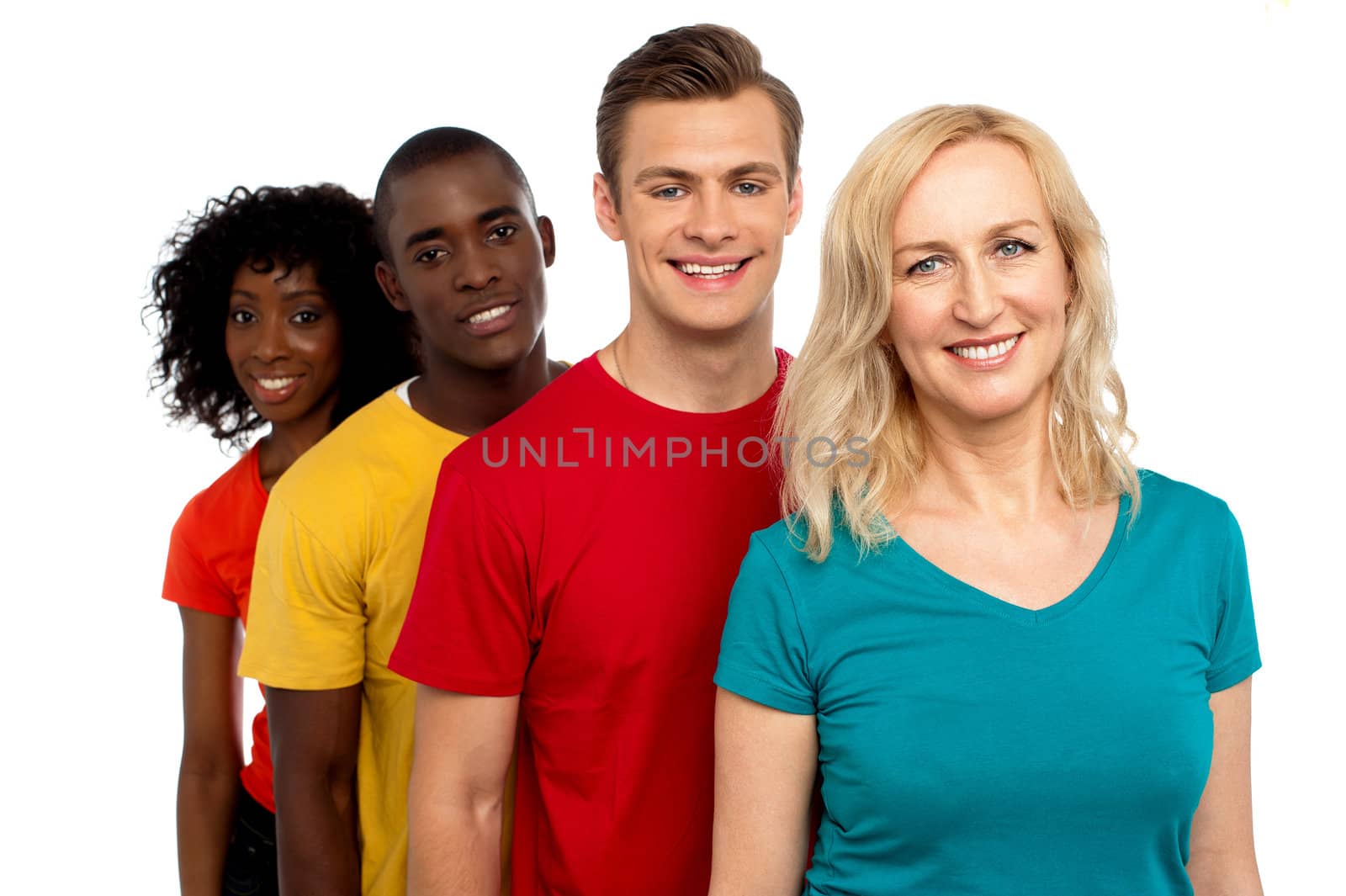 Group of cheerful teenagers standing in a line. All on white background