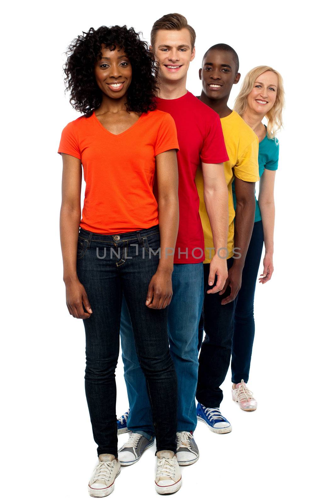 Line of casual friends dressed in colorful attires standing behind one another