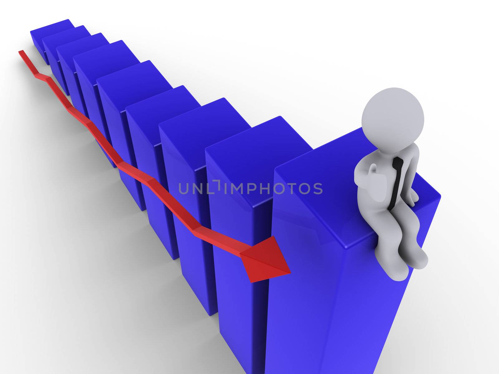 3d person sitting on top of blue chart with red arrow