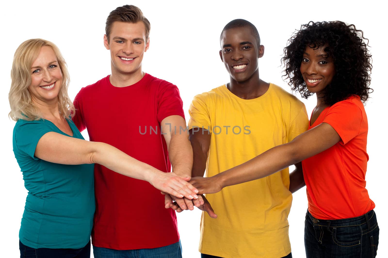 Bonding of four friends. Happy group by stockyimages