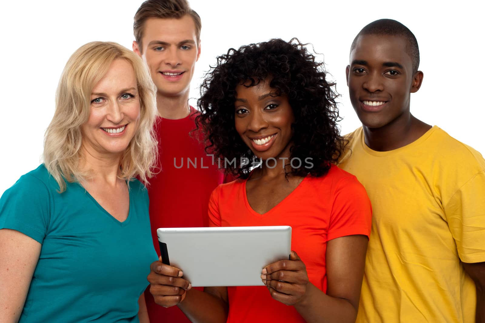 Friends watching video on tablet pc by stockyimages