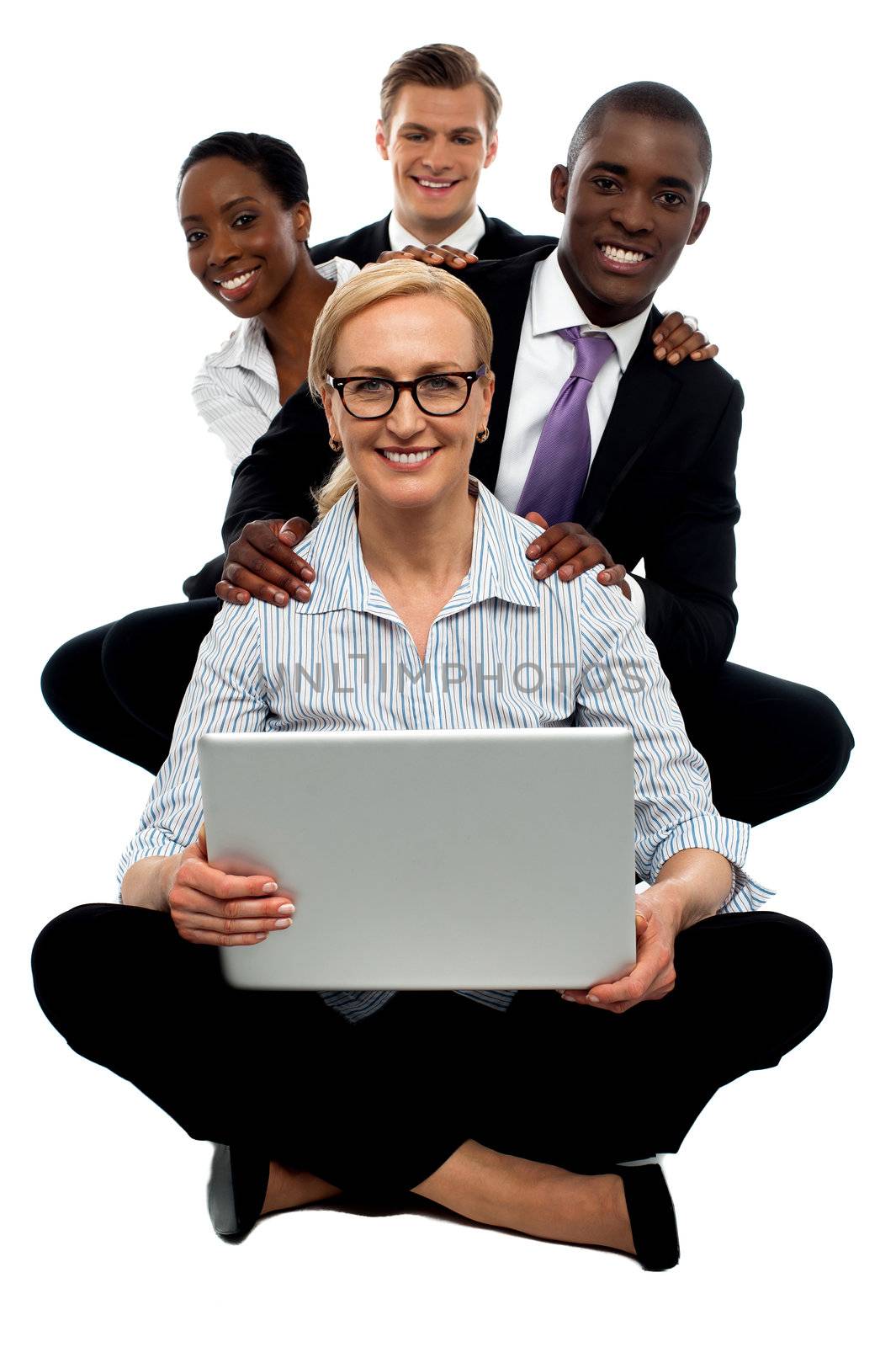 A group of young attractive businesswomen and men on white background