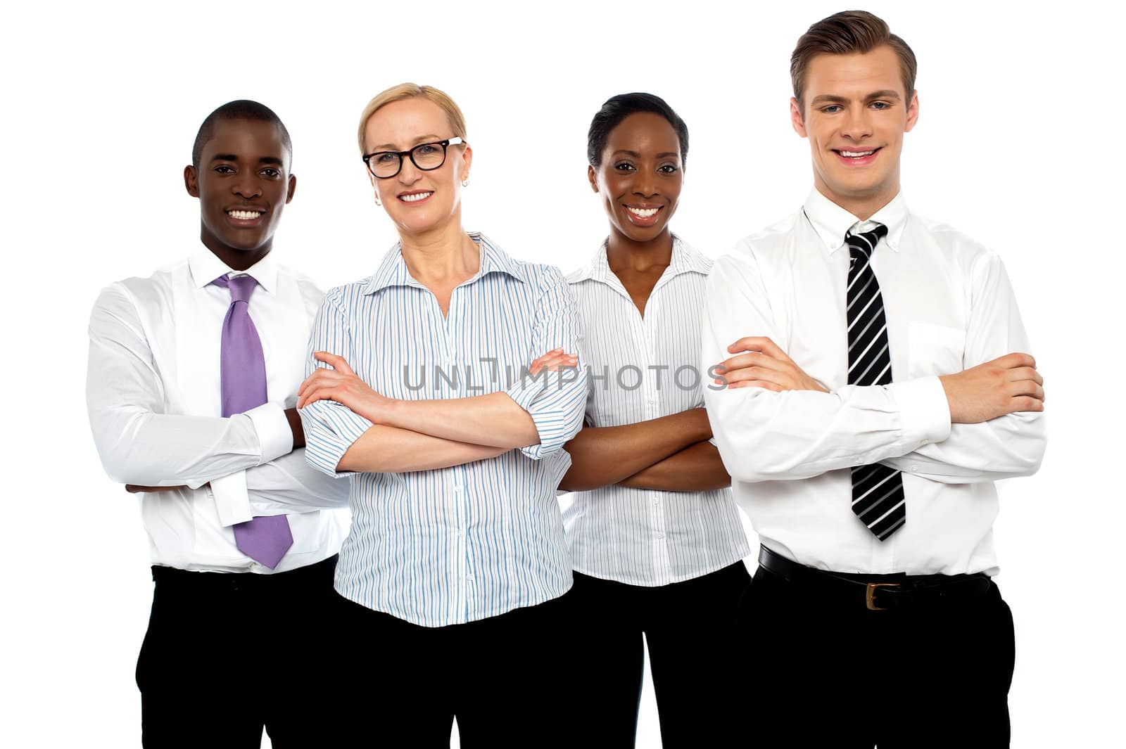 Group of business people posing with arms crossed in front of camera