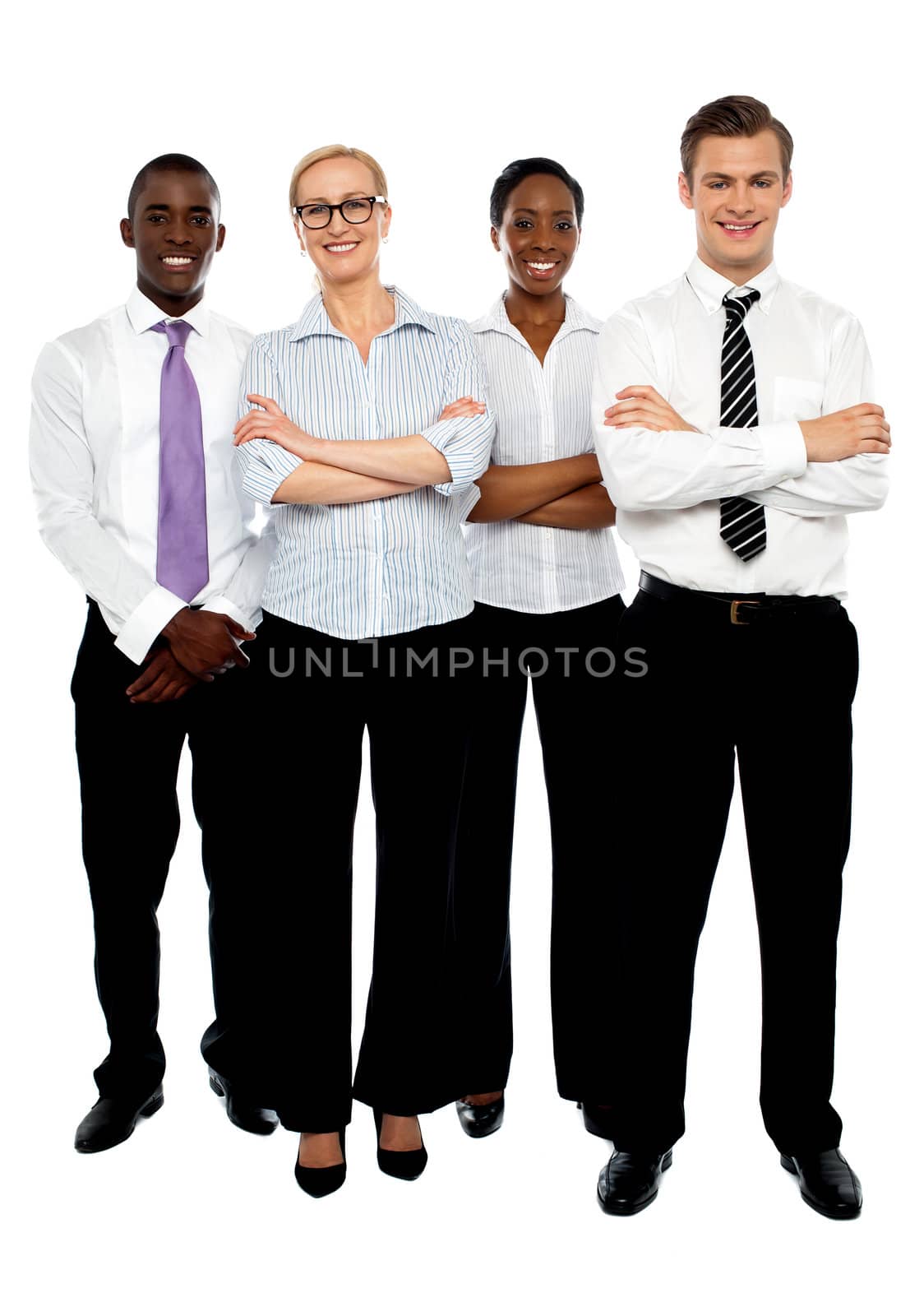 Young attractive business people. Arms folded. Full length portrait