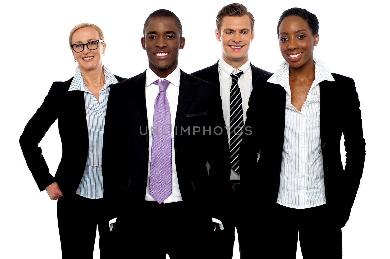 Group of different business people in a line posing and smiling at camera