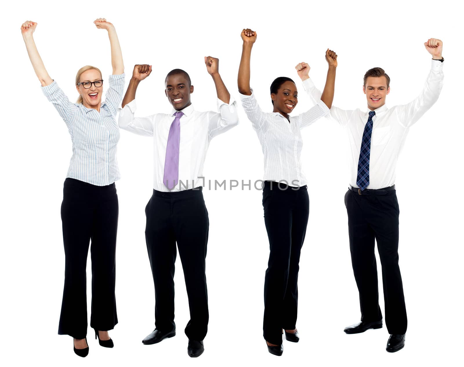 Full length portrait of happy successful business group over white background