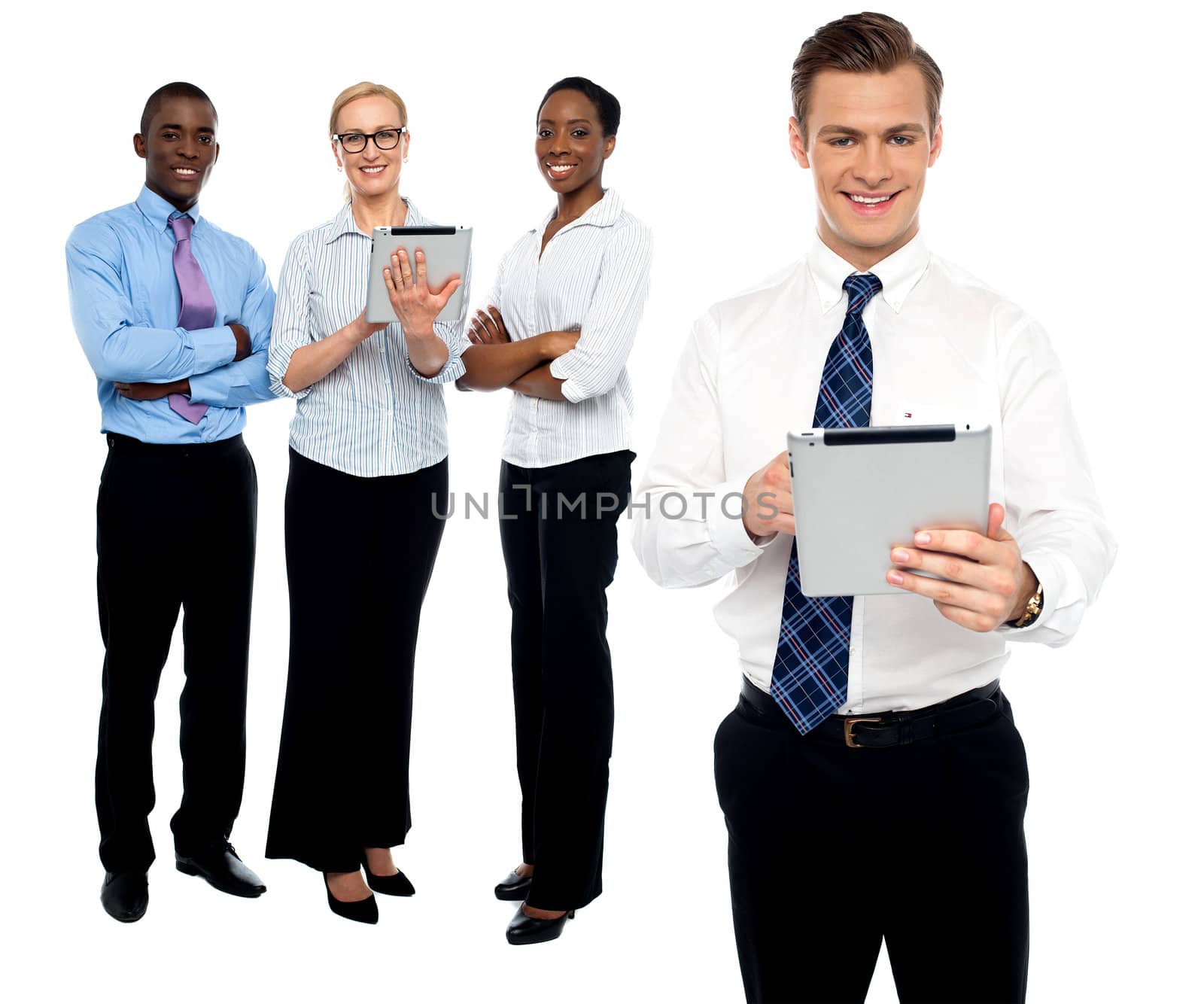 Image of business partners on white background by stockyimages