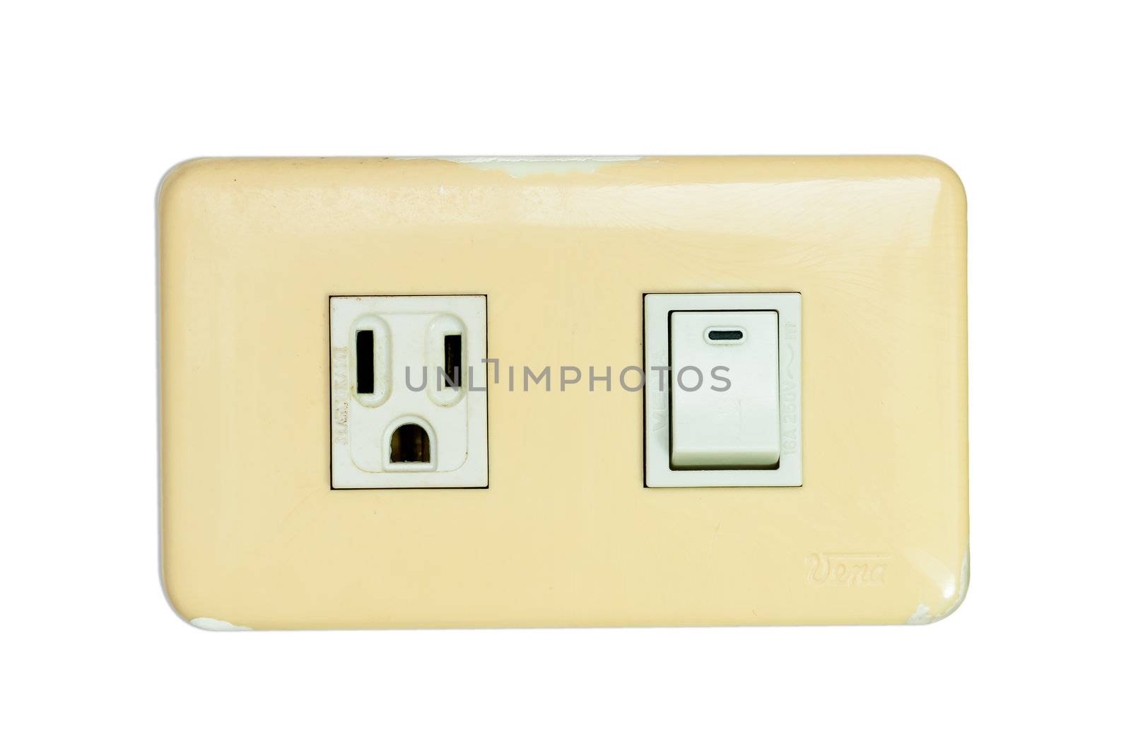 Old multi power combination light switch and power outlet isolated on white