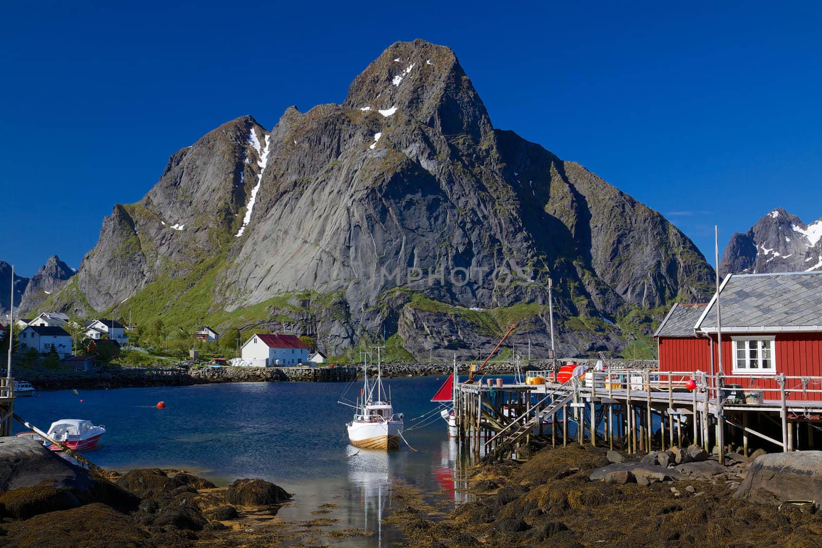 Picturesque fishing town of Reine on the coast of fjord on Lofoten islands in Norway