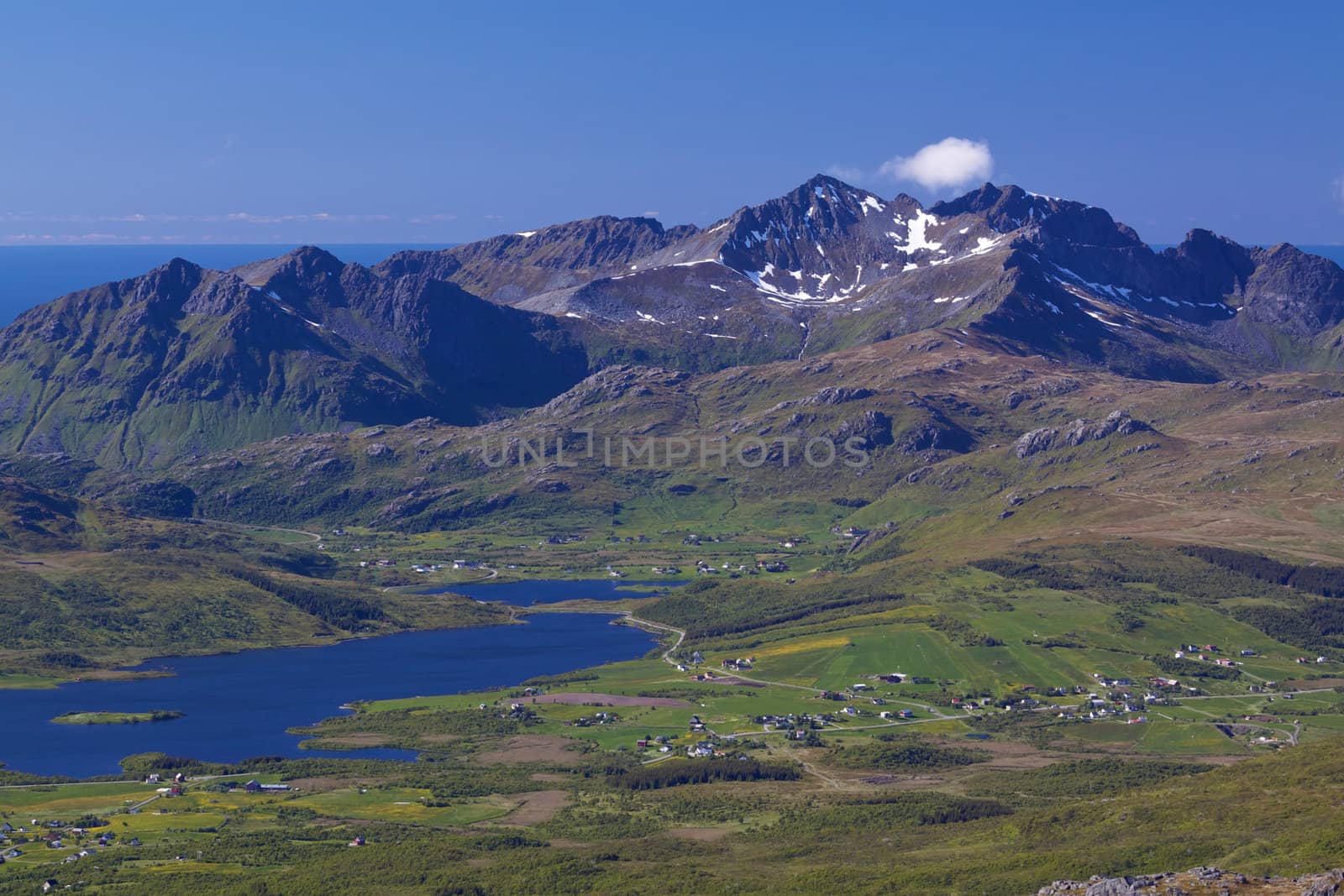 Picturesque panorama on Lofoten from Justadtinden with green lowlands, snowy peaks of mountains and Atlantic ocean in the background