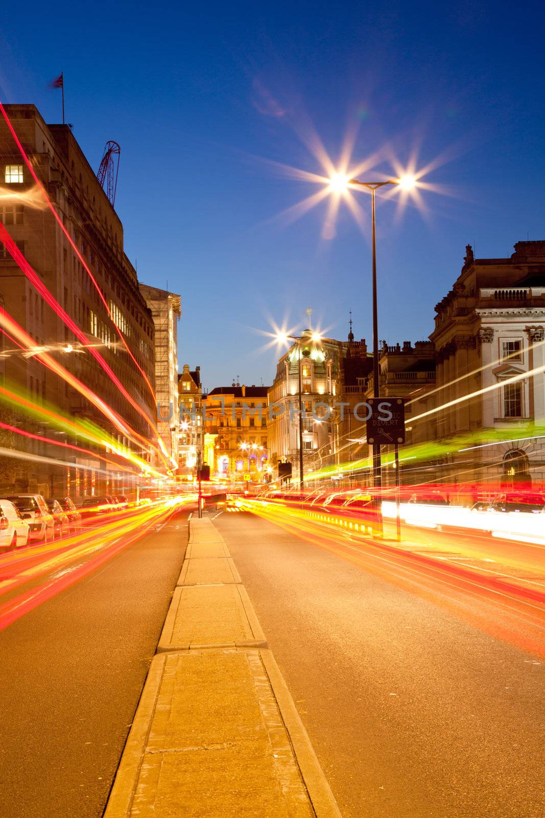 London Cityscape with Road Light Trail at dusk using for City Lifestyle transportation