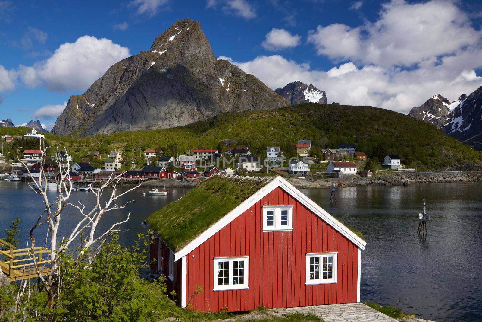 Scenic rorbu hut with sod roof in town of Reine on Lofoten islands in Norway