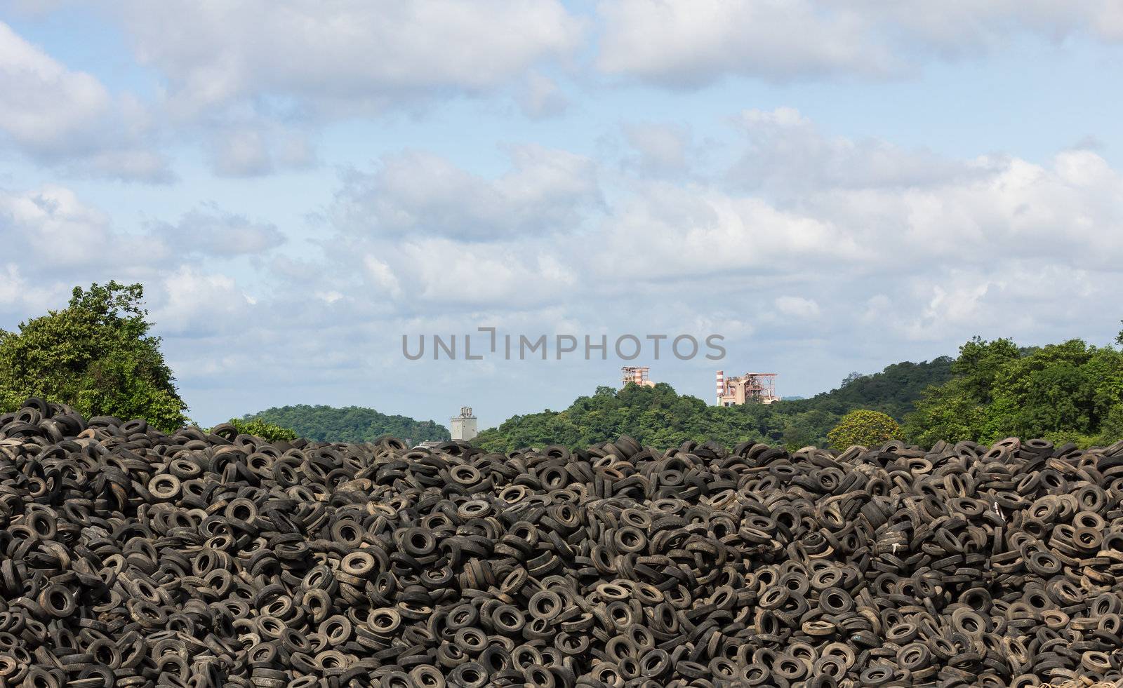 Heap of old Tires  in recycling plant in Thailand