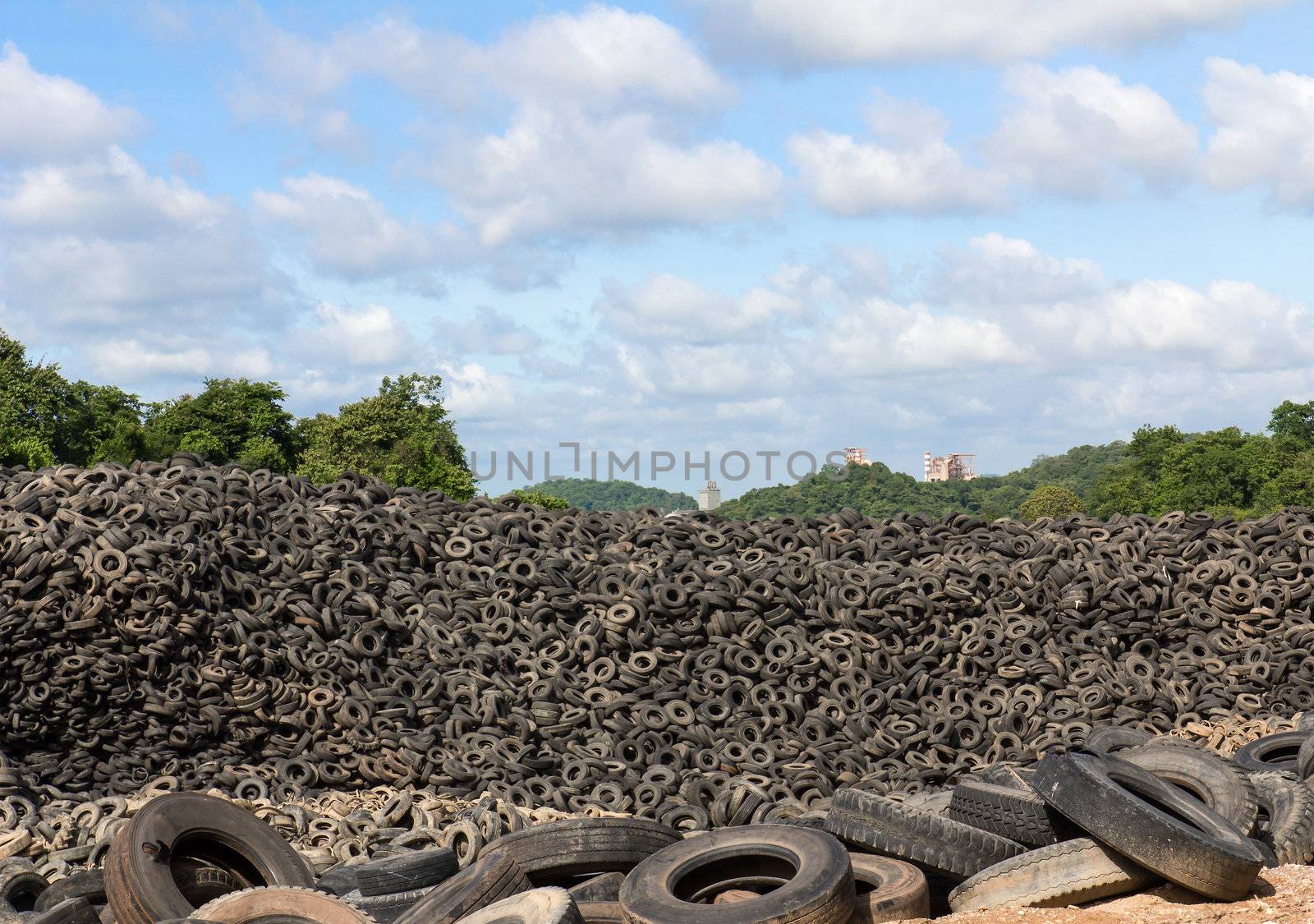 Heap of old Tires  in recycling plant in Thailand