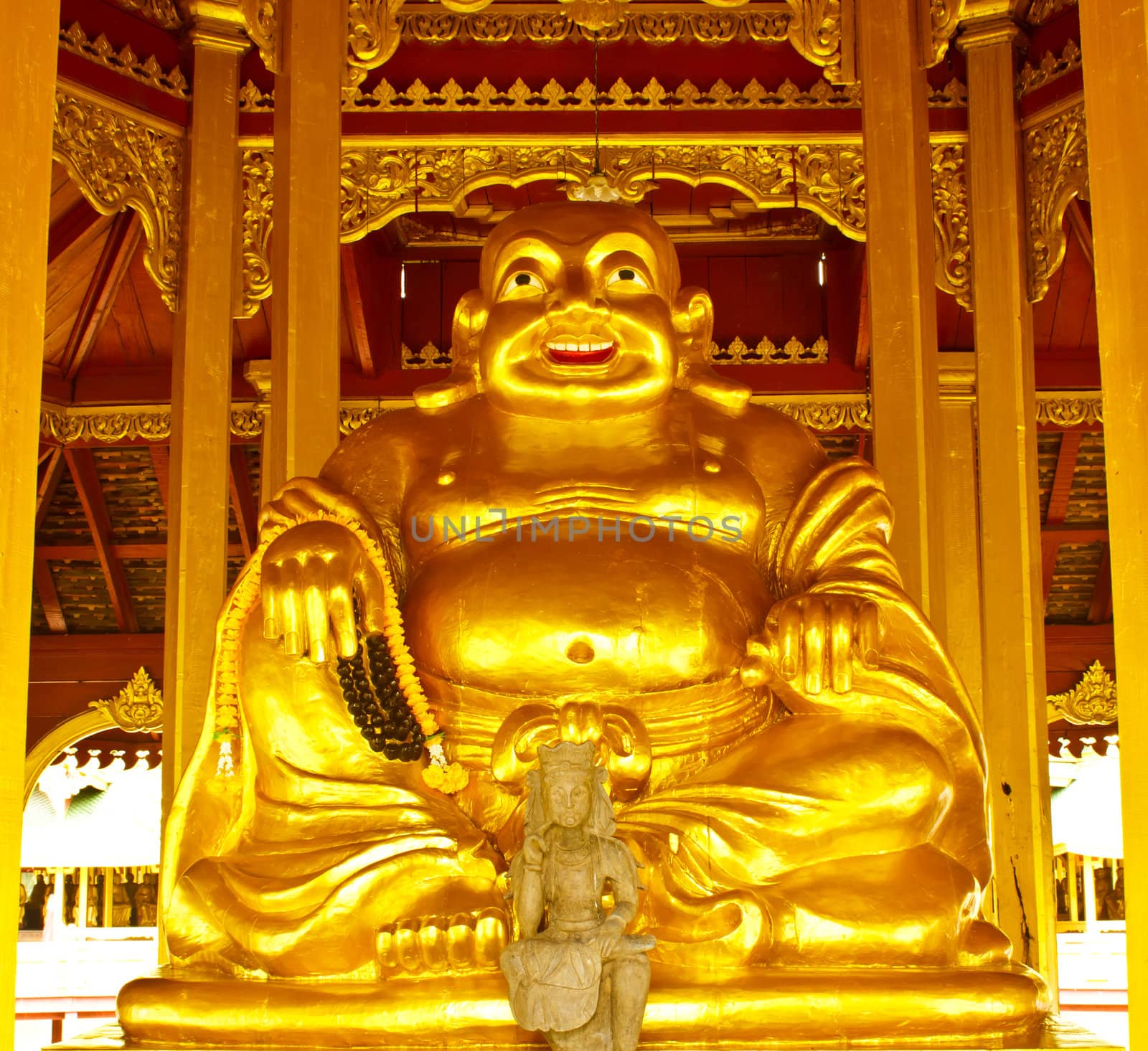 Smiling Golden Buddha Statue, Chinese God of Happiness by singkamc
