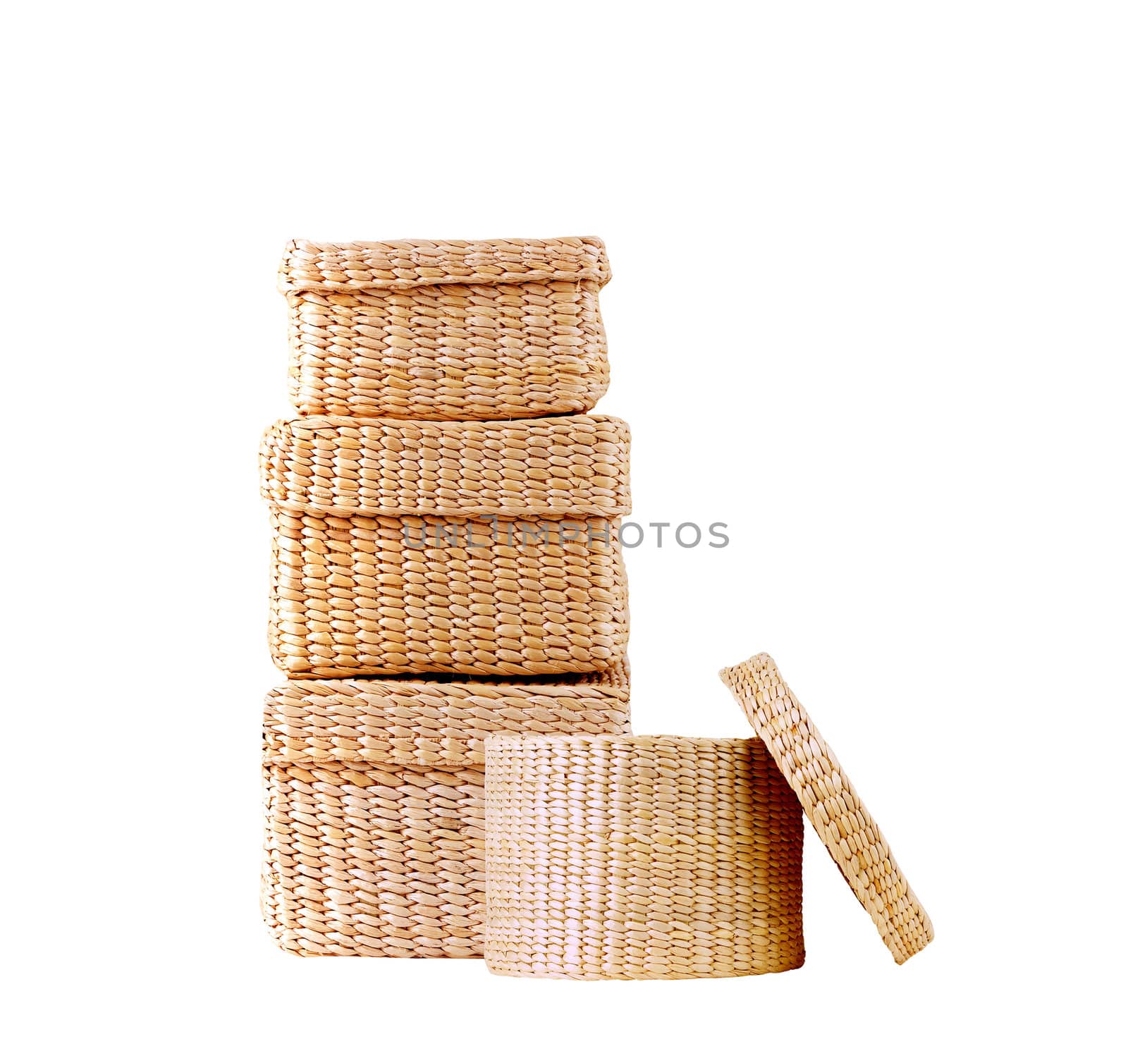 isolated round woven straw basket