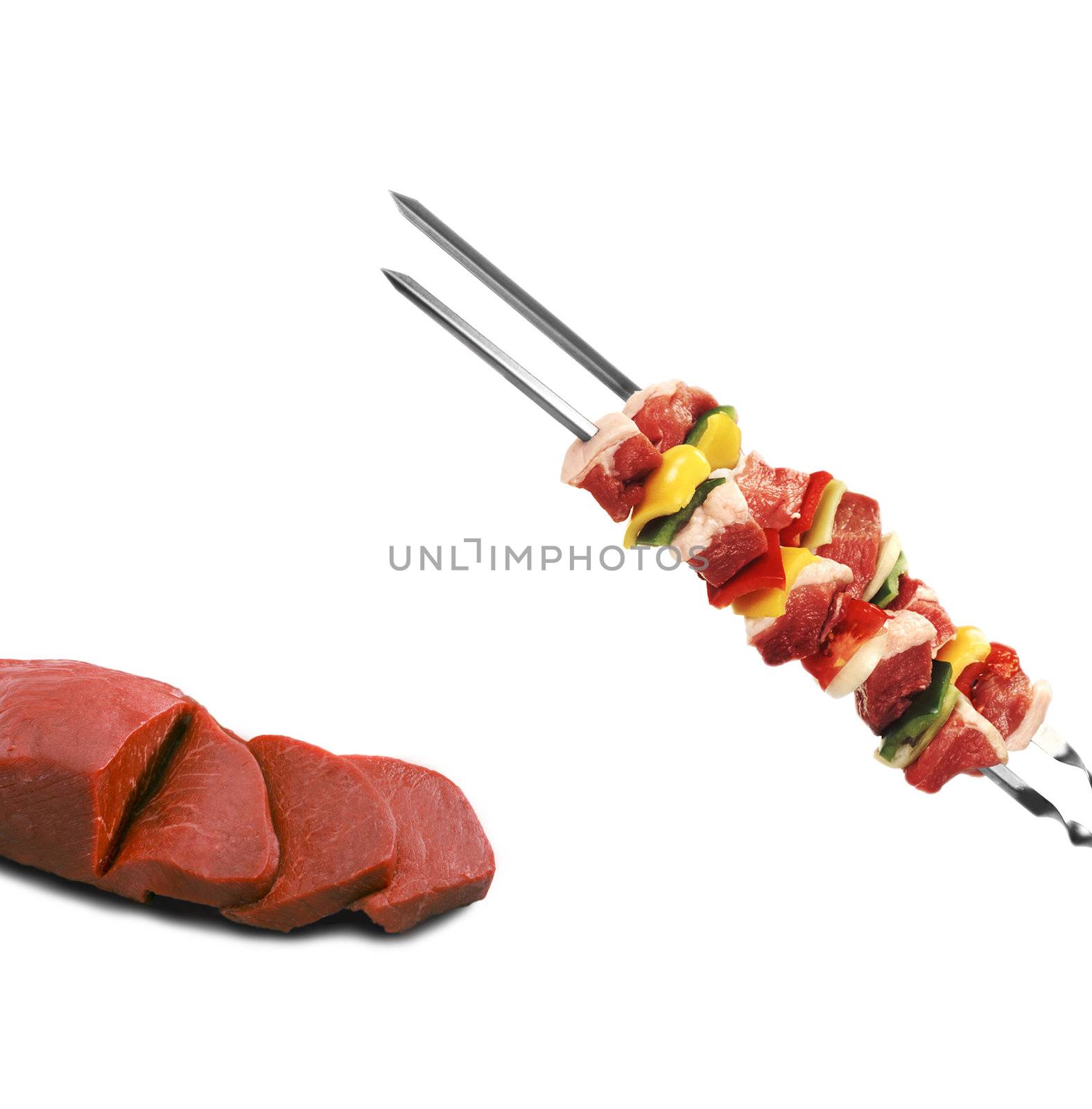 shish kebab on skewers and raw meat