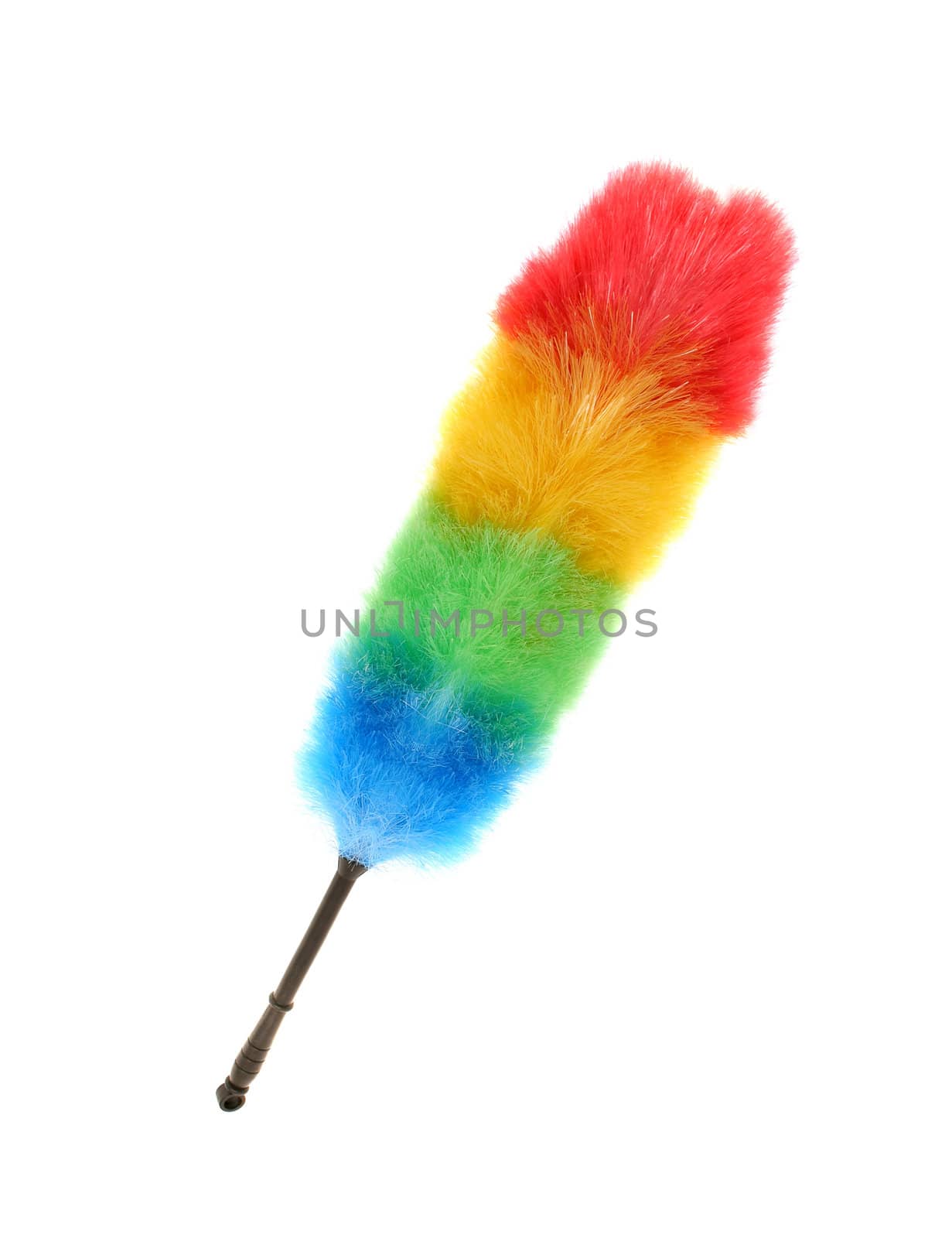 Soft colorful duster with plastic handle isolated on white
