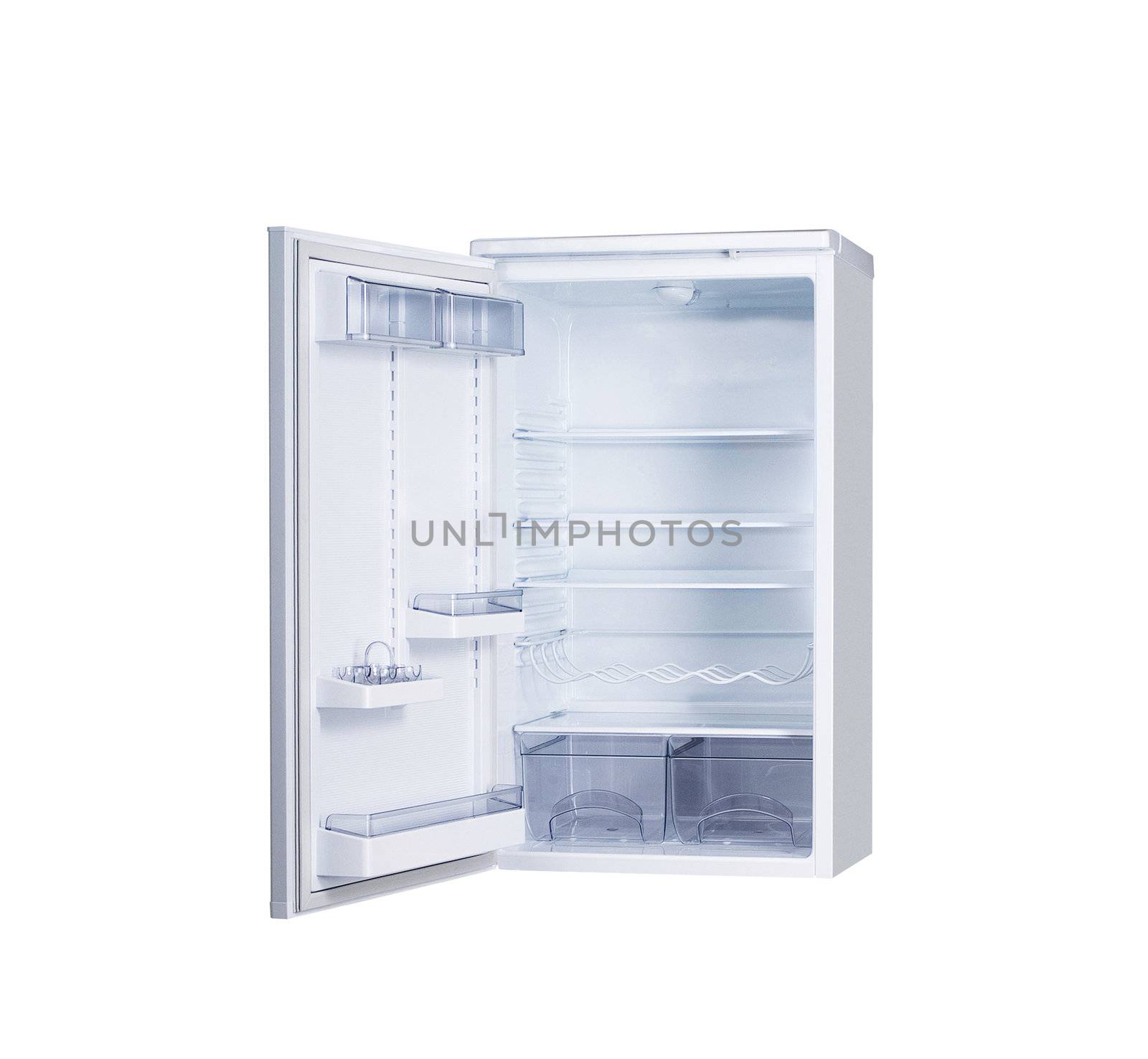 open single door fridge isolated on white