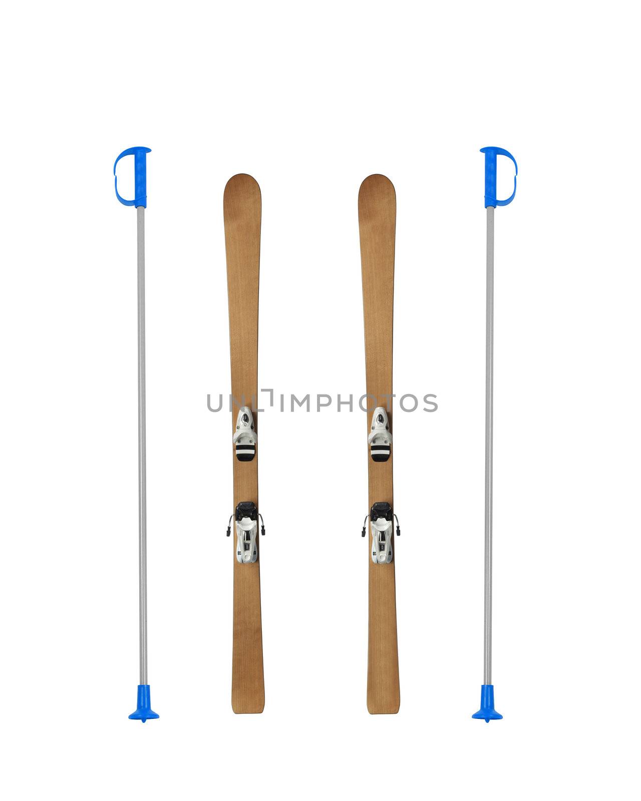 Pair of old wooden alpine skis isolated