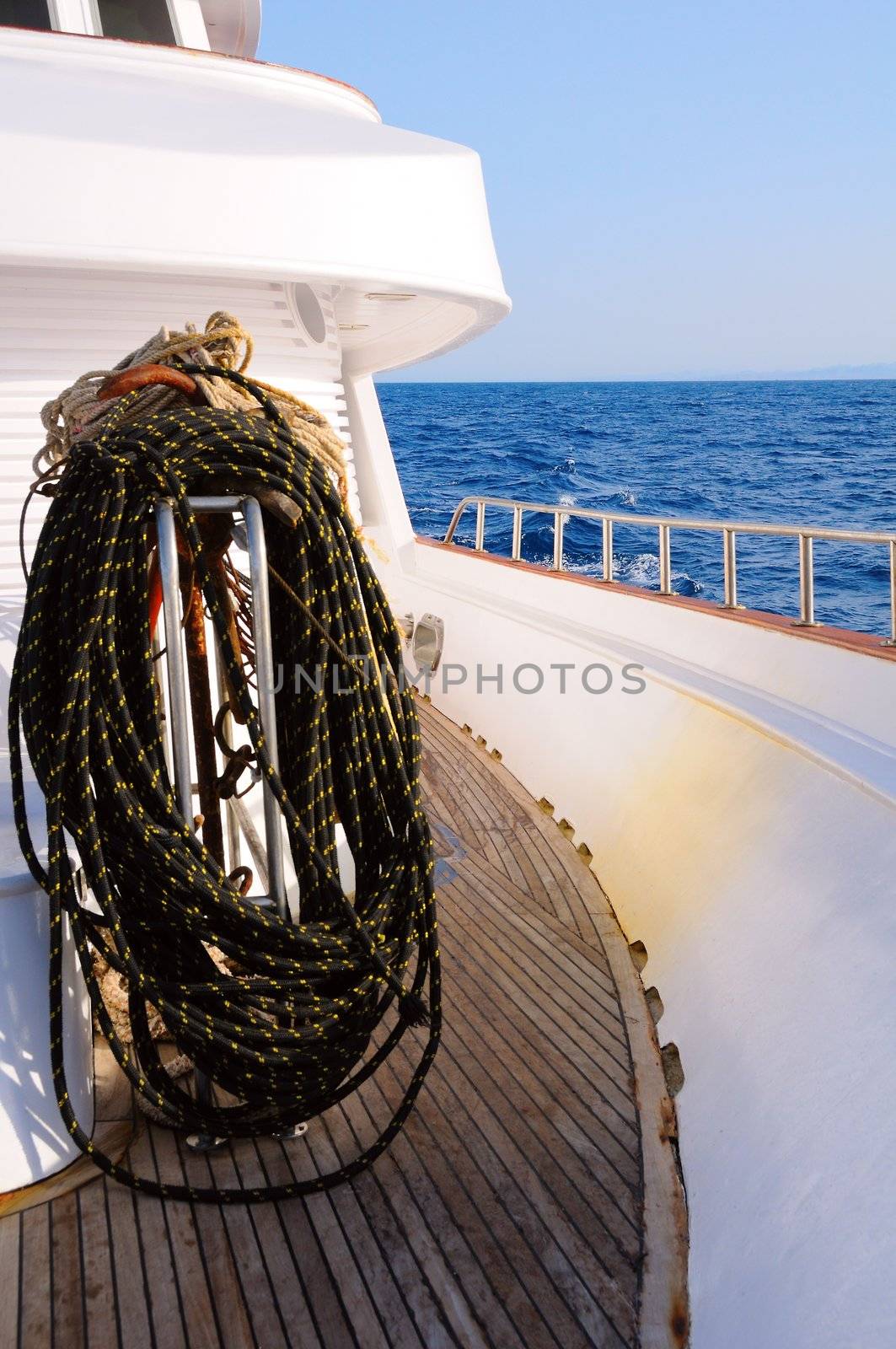 Bundle of rope on marine yacht on the sea