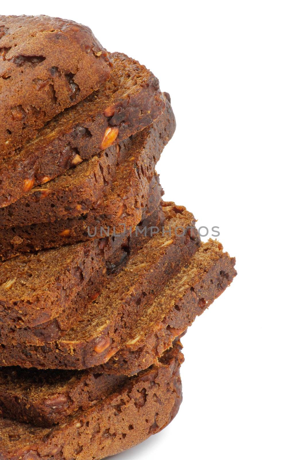 Stack of Brown 7-Grain Bread Slices Clipping Path close up on white background