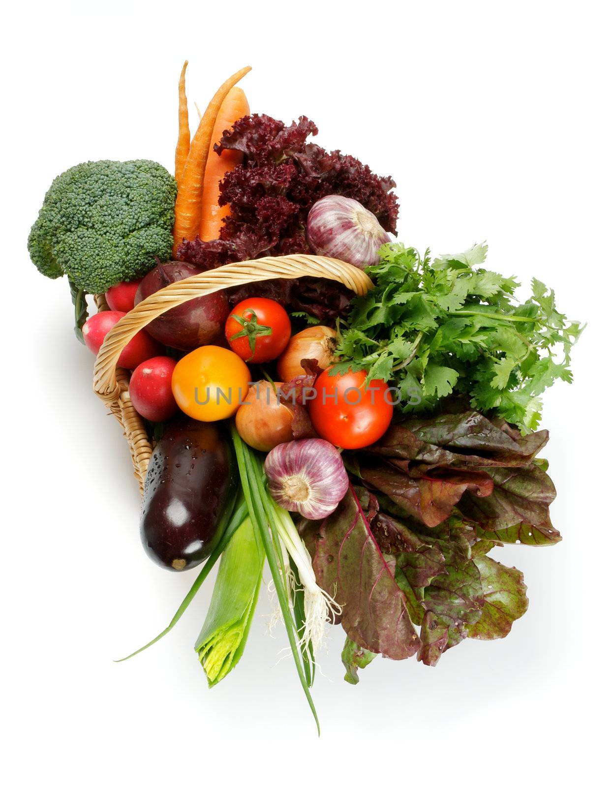 Basket of Various Vegetables with Broccoli, radishes, lettuce, onions, leeks, beets, carrots, red tomatoes, yellow tomatoes, parsley top view isolated on white background