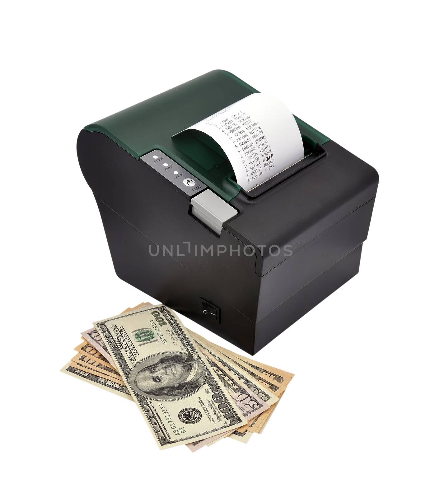 thermal  printer and money on a white background