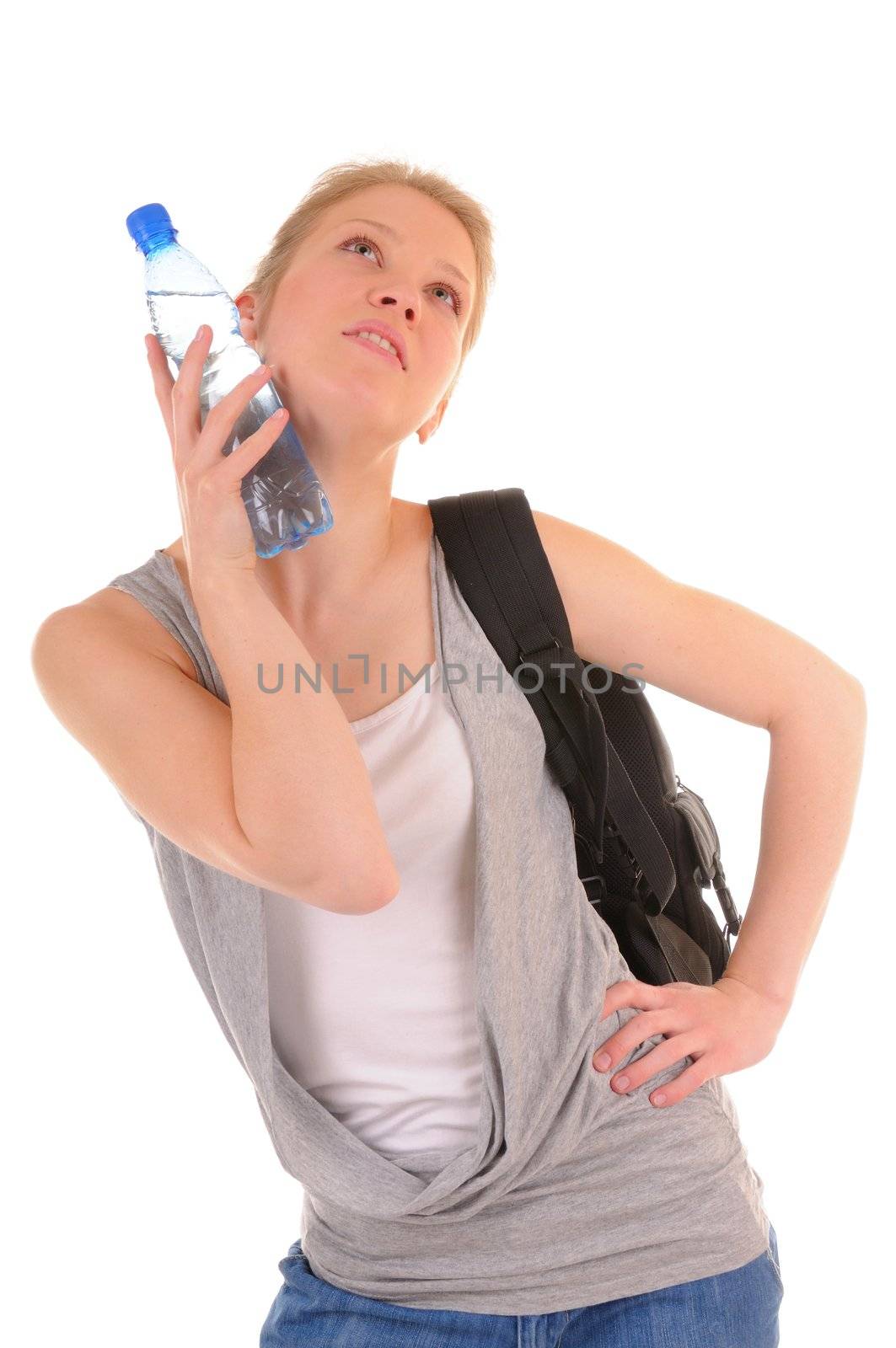 Beauty casual girl try to cool down by plastic bottle with water. isolated on white background