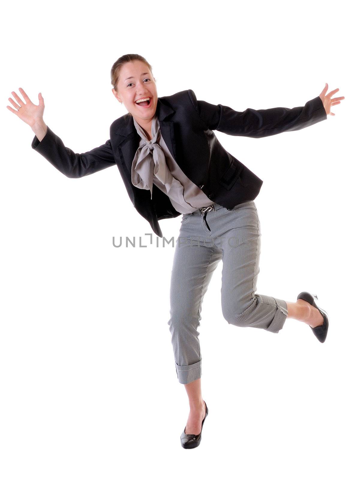 Absolutely happy laughing and jumping woman isolated on white backgroung