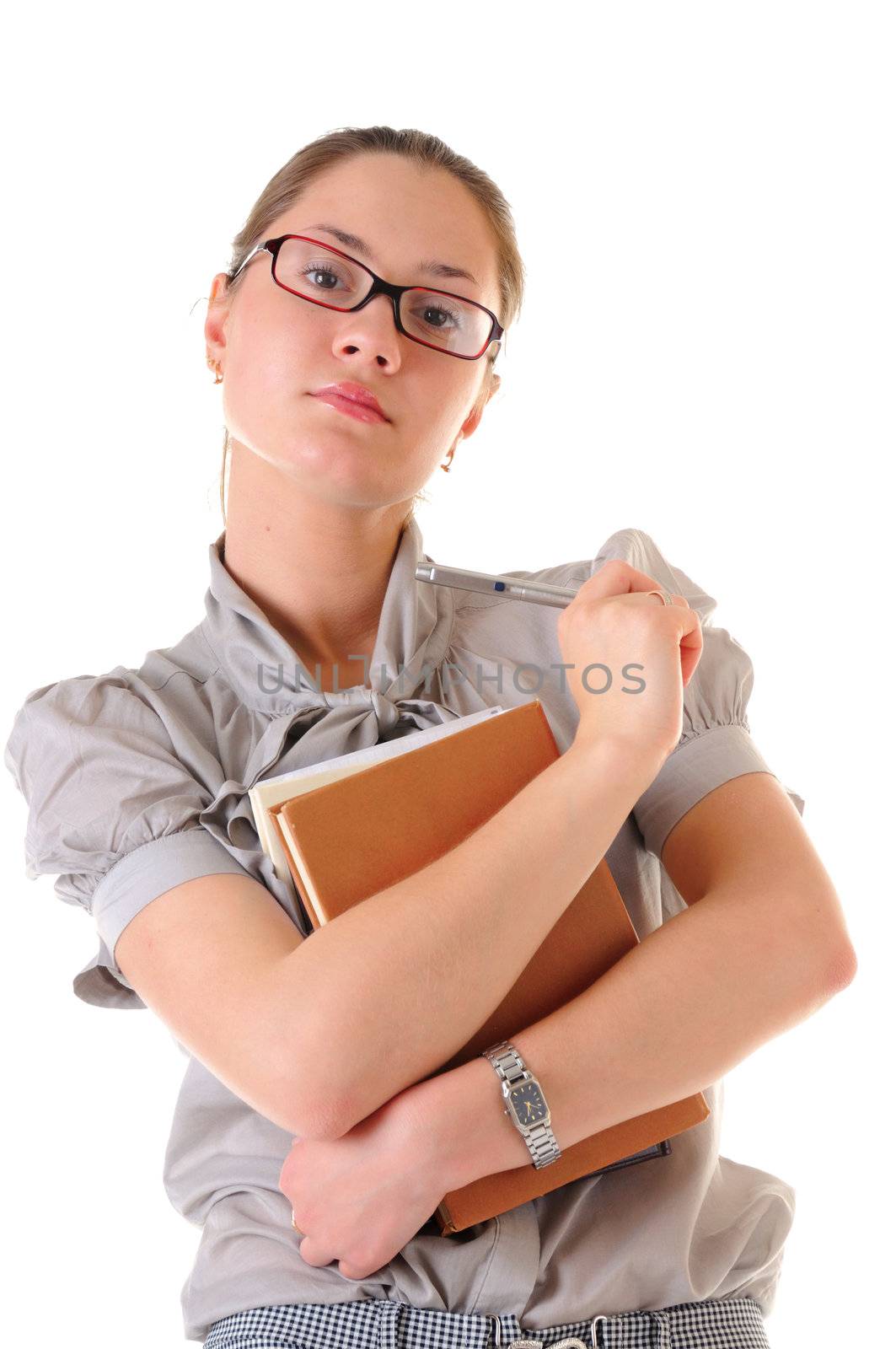 Serious beauty woman in glasses with books and pen on white background