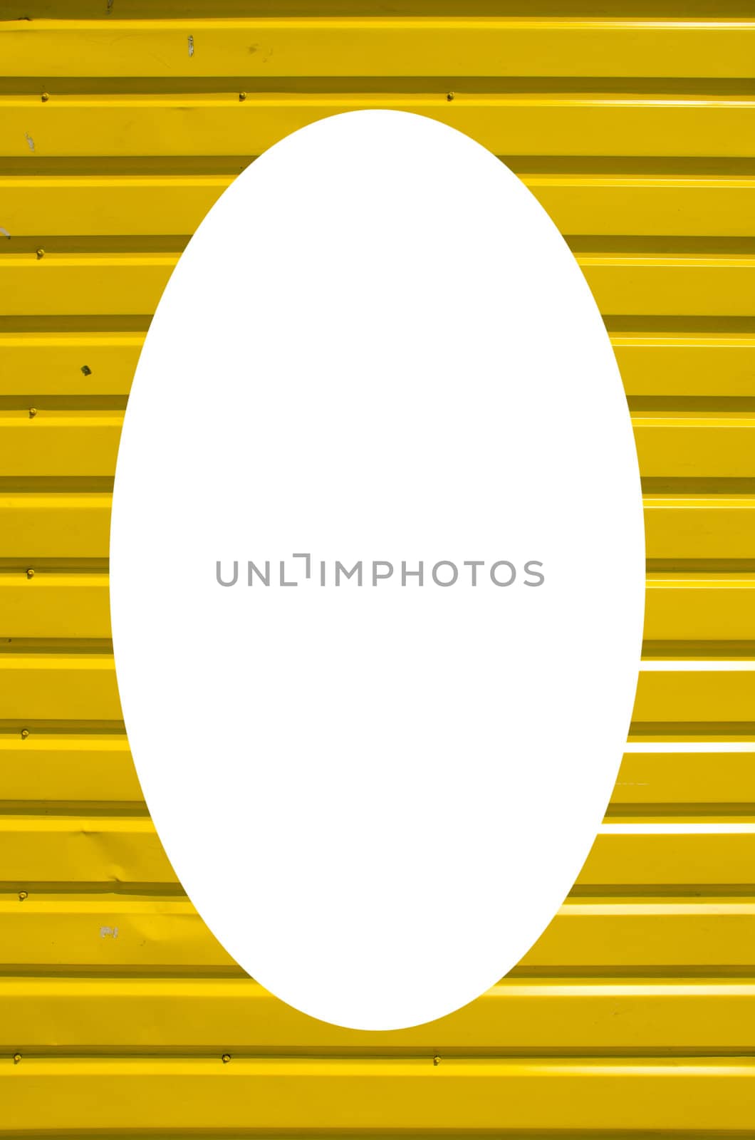 Isolated white oval place for text photograph image in center of frame. Wall made of wooden yellow planks. Interesting background.