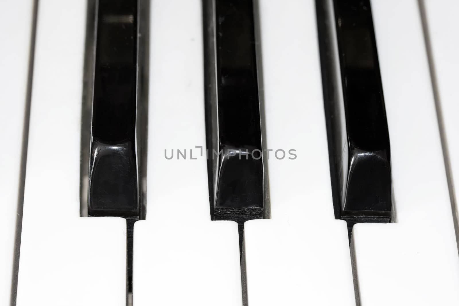 Closeup perspective view of a piano keyboard