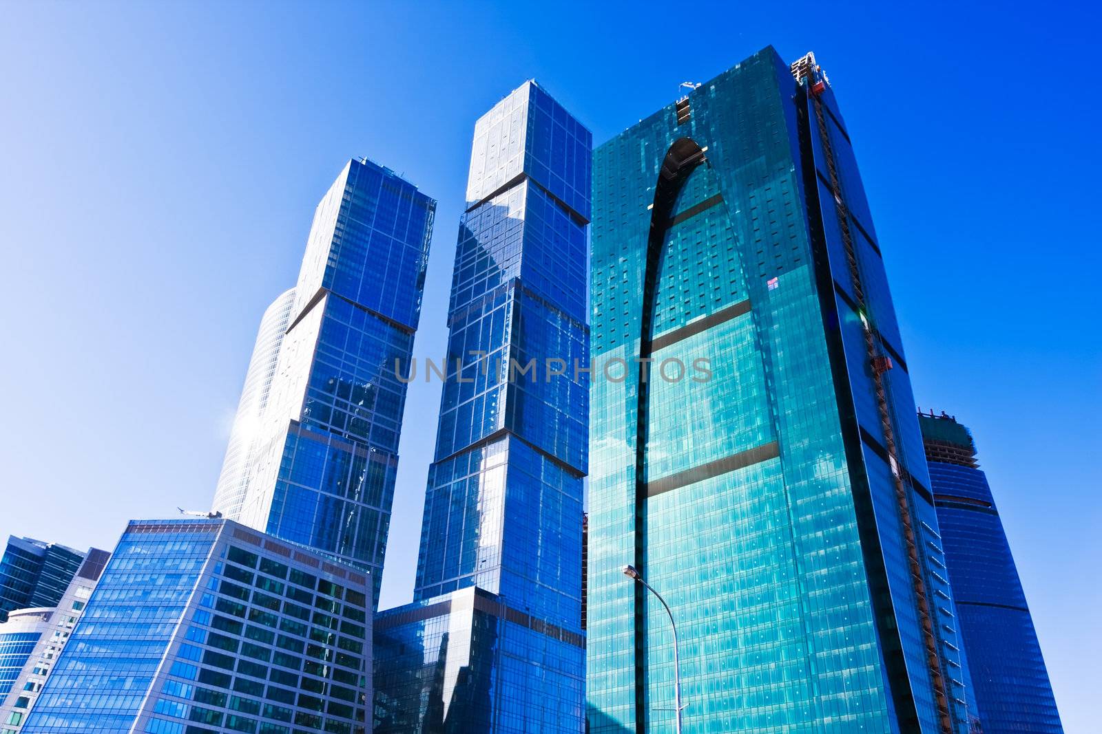 Modern skyscrapers under blue sky