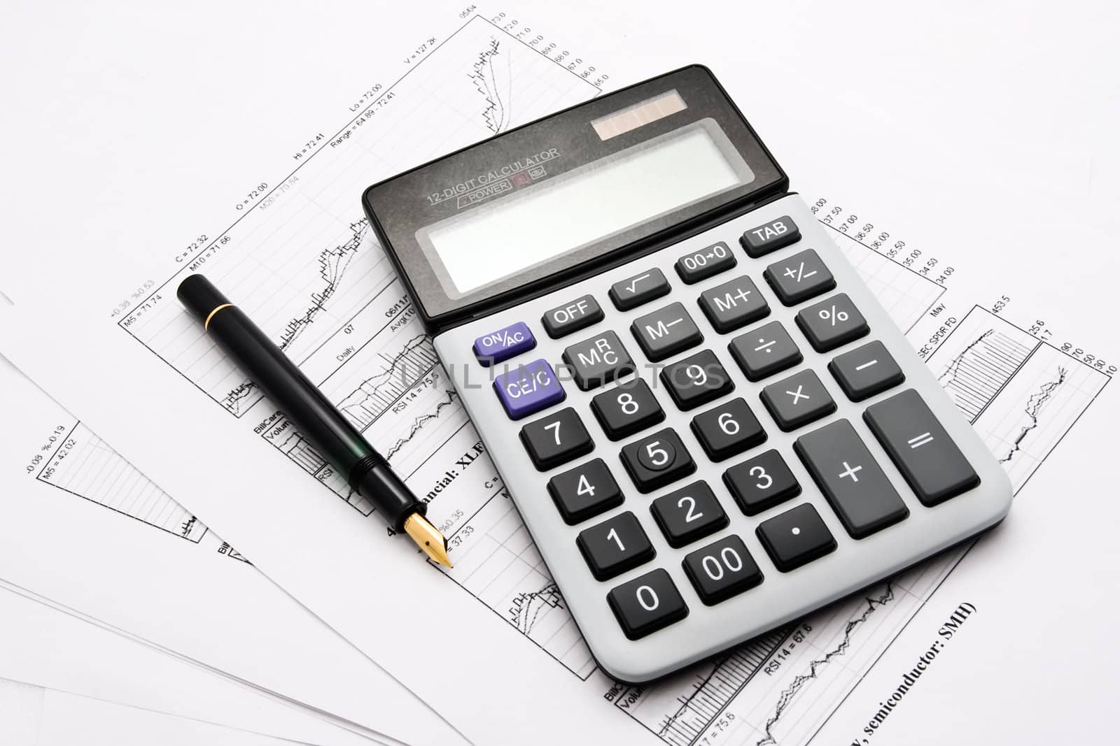 Business charts and calculator isolated on white