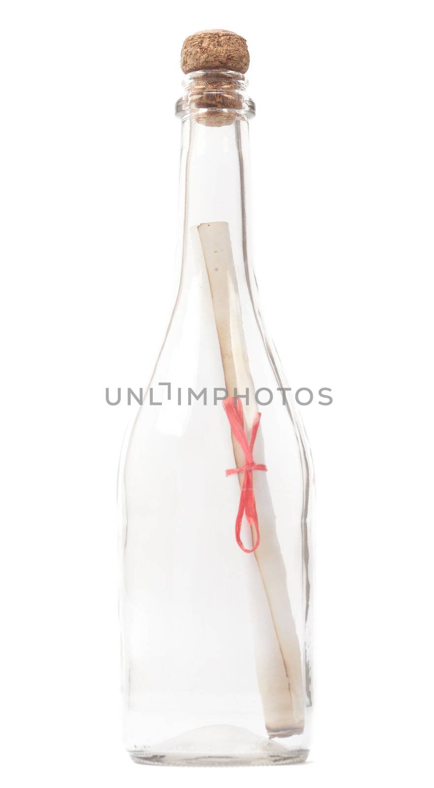 A message inside a glass bottle, isolated on a white background.
