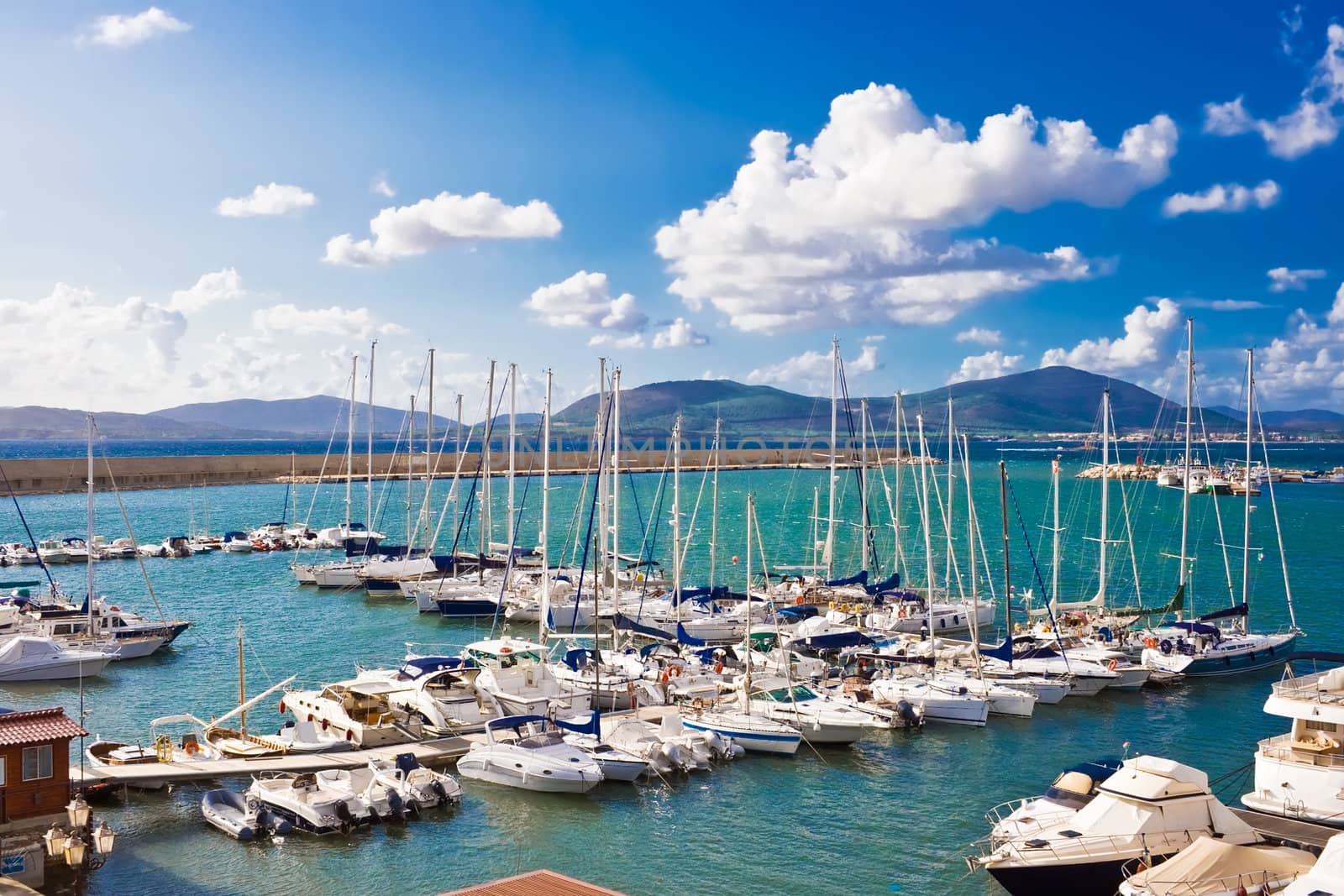 Classic white yachts ancored in the port of Alghero, Sardinia