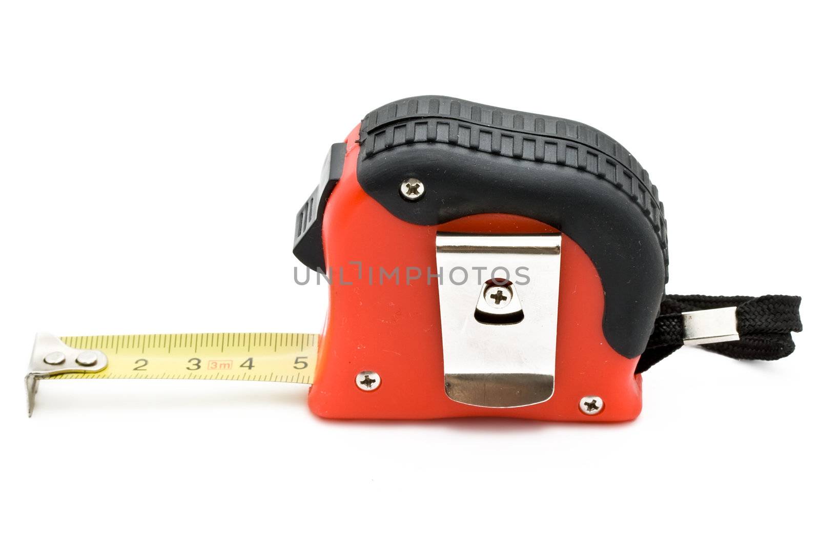Red tape measure on white background